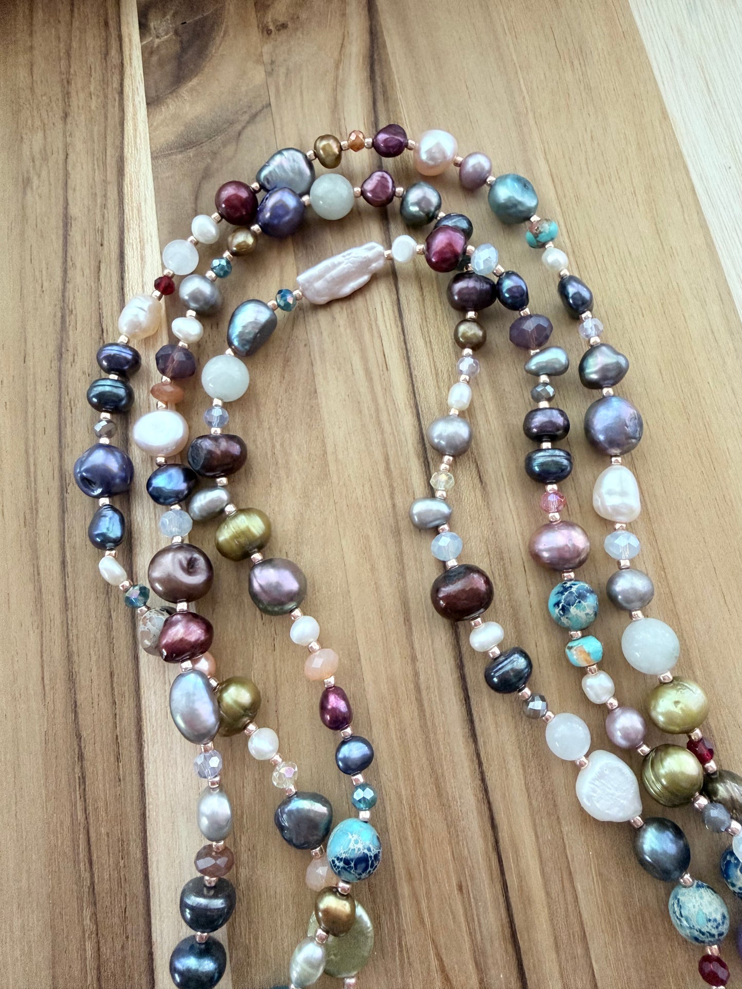 60” Extra Long Wraparound Freshwater Pearl Mix with Gemstone and Crystal Beads
