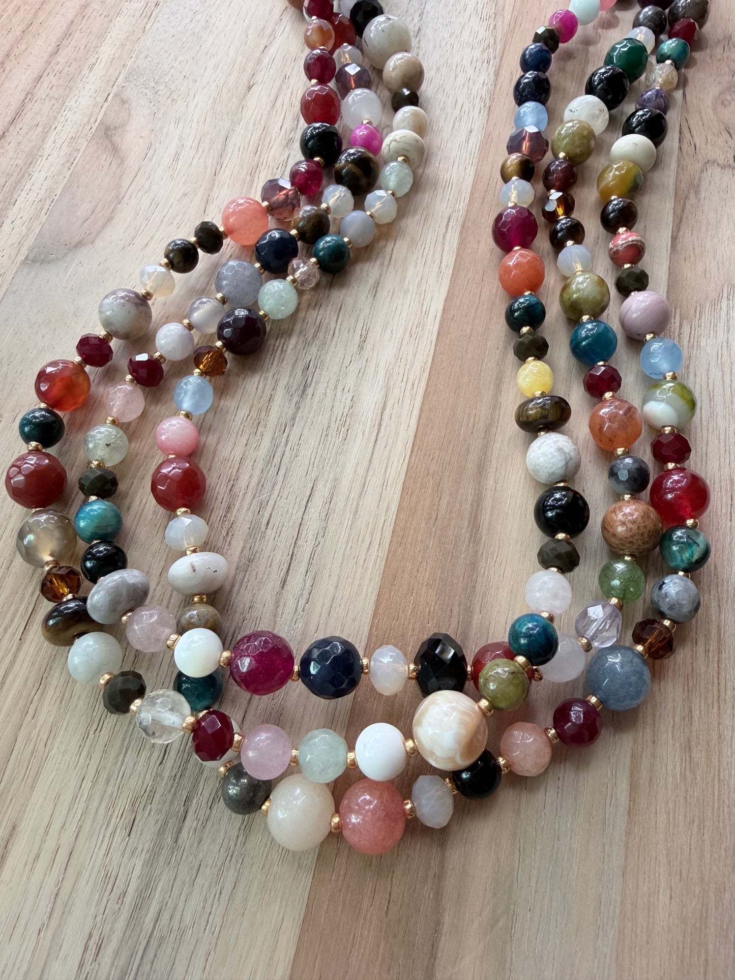 60” Extra Long Wraparound Mixed Gemstone and Crystal Beaded Necklace