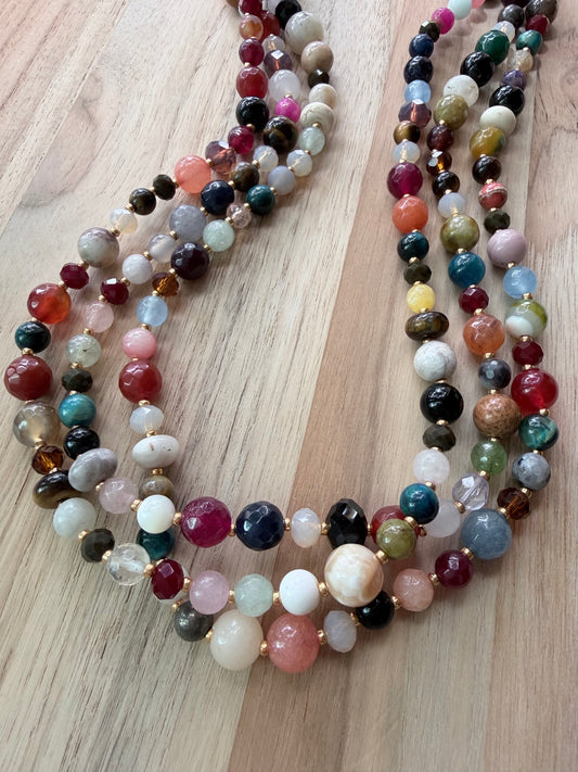 60” Extra Long Wraparound Mixed Gemstone and Crystal Beaded Necklace