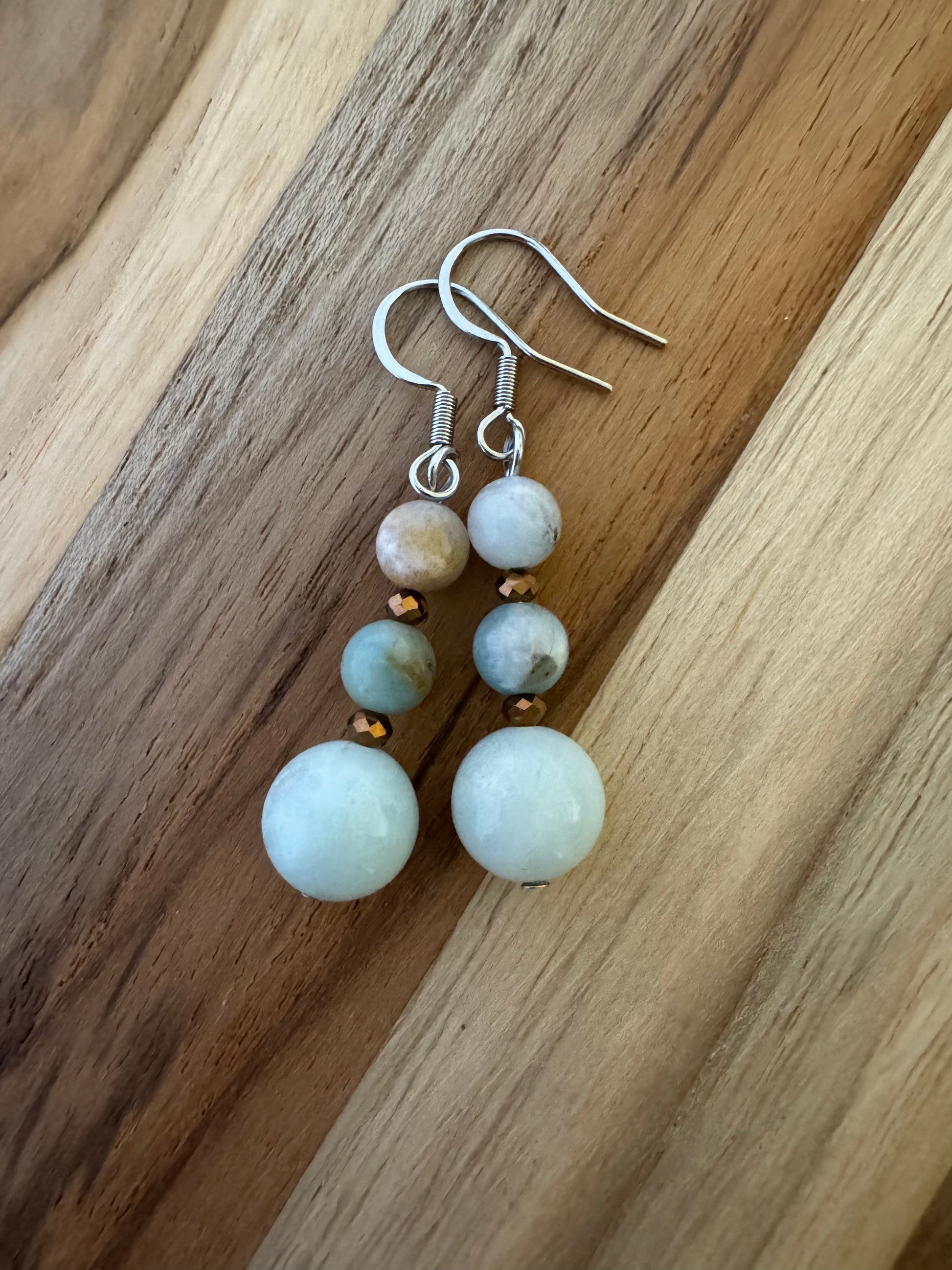 Stacked Amazonite Dangle Earrings with Bronze Crystal Bead - My Urban Gems