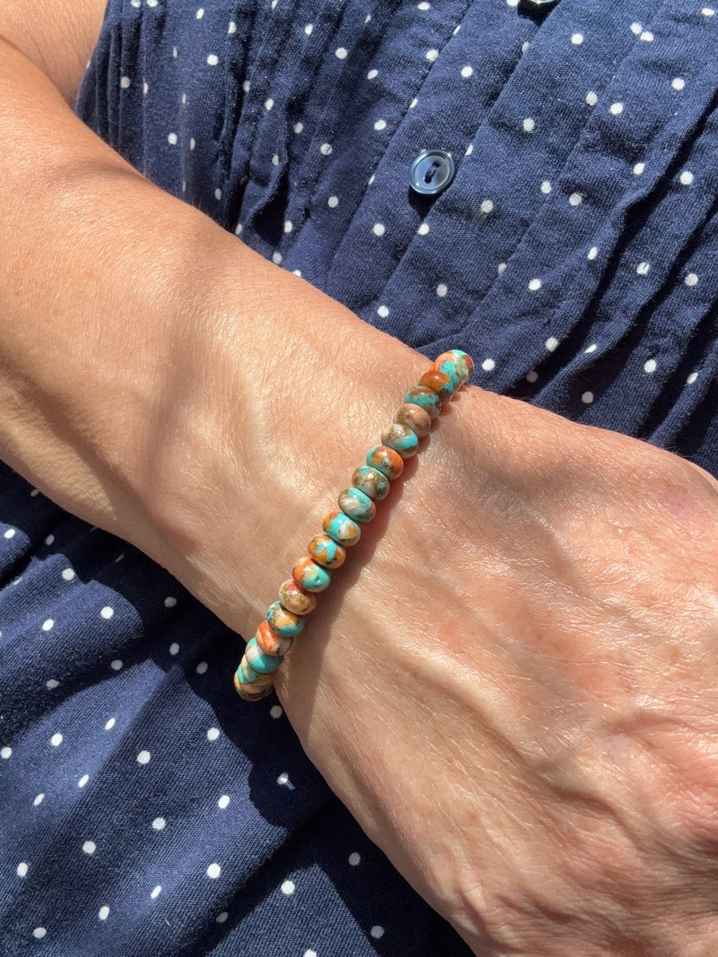 Spiny Oyster Mojave Copper Turquoise Beaded Stretch Bracelet ~ 7”