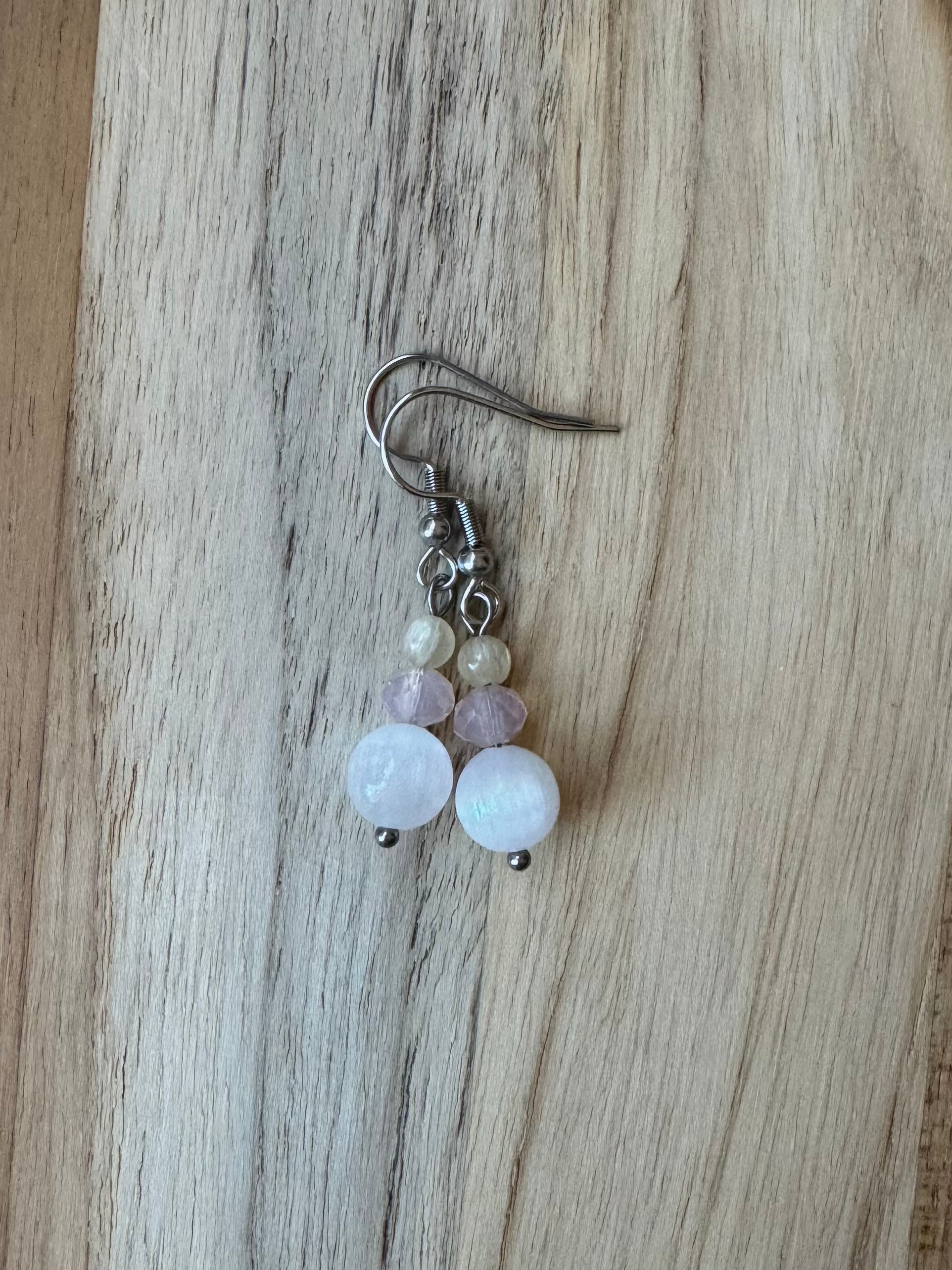 White and Yellow Selenite Dangle Earrings with Crystal Beads