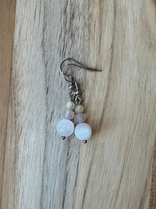 White and Yellow Selenite Dangle Earrings with Crystal Beads