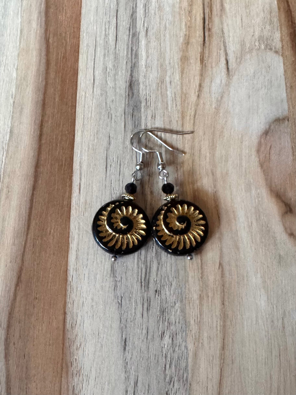 Black and Gold Color Czech Glass Dangle Earrings with Crystal Accent