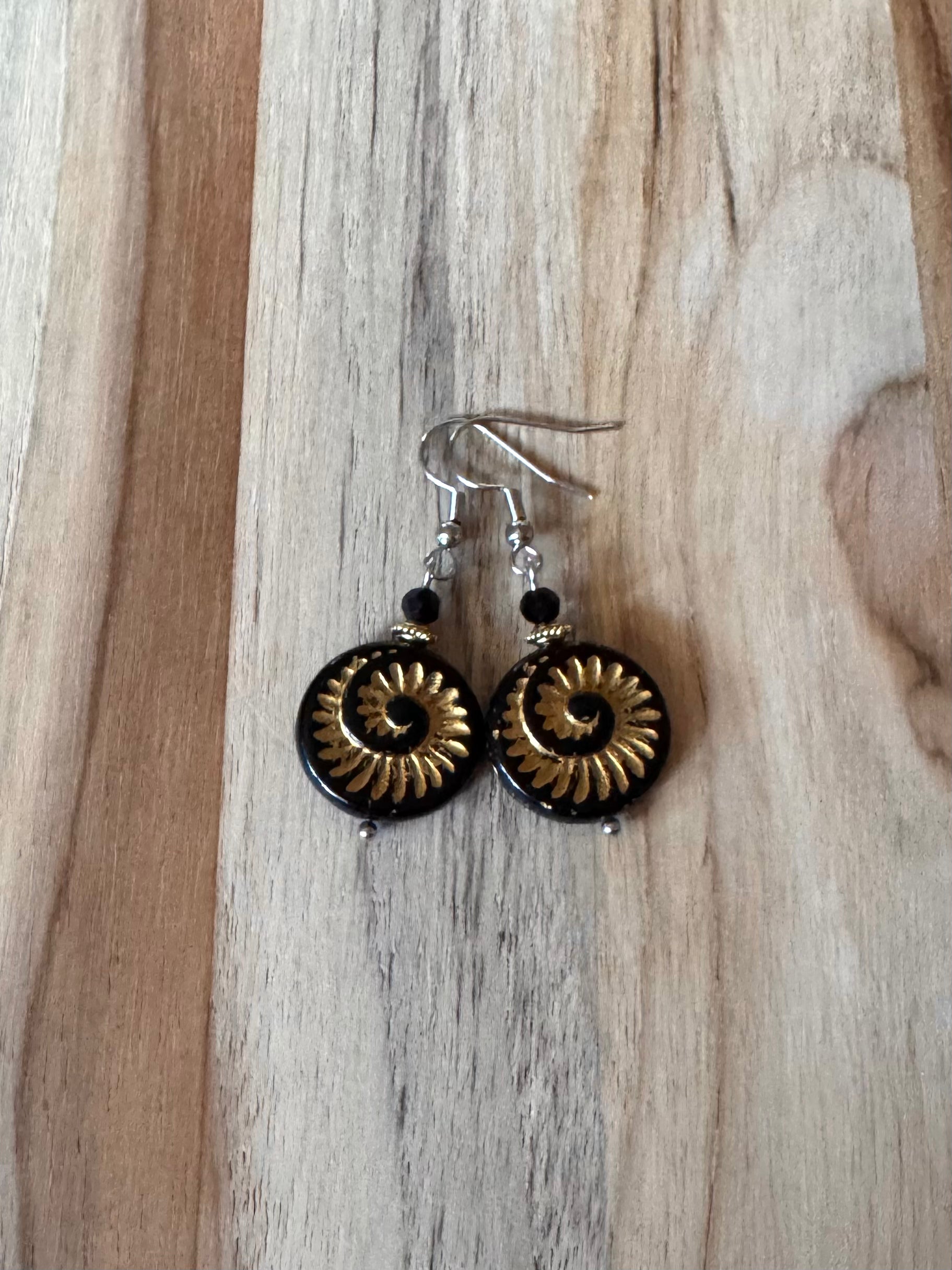 Black and Gold Color Czech Glass Dangle Earrings with Crystal Accent