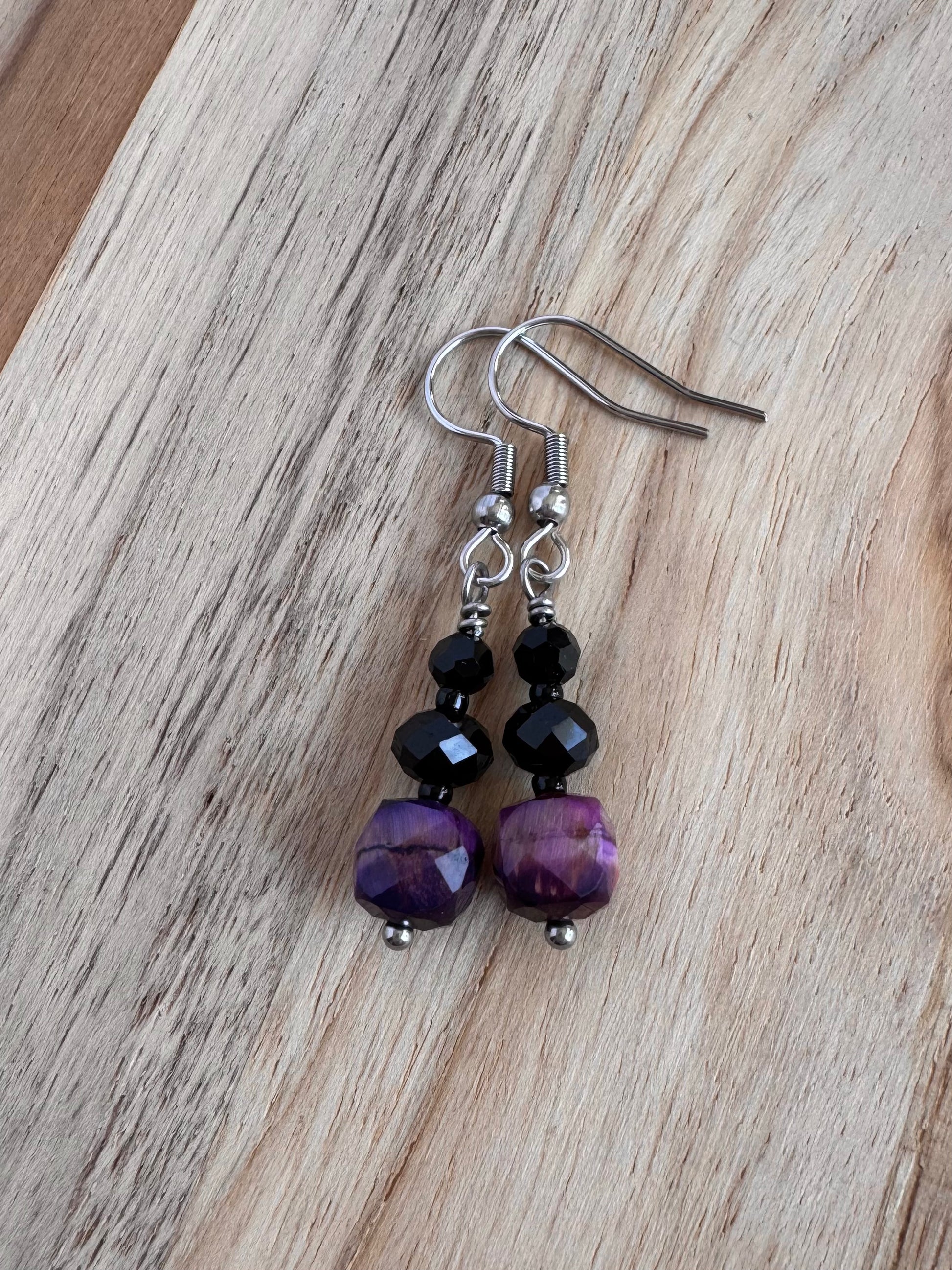 Purple Tigereye and Black Crystal Dangle Earrings ~ Stainless Steel