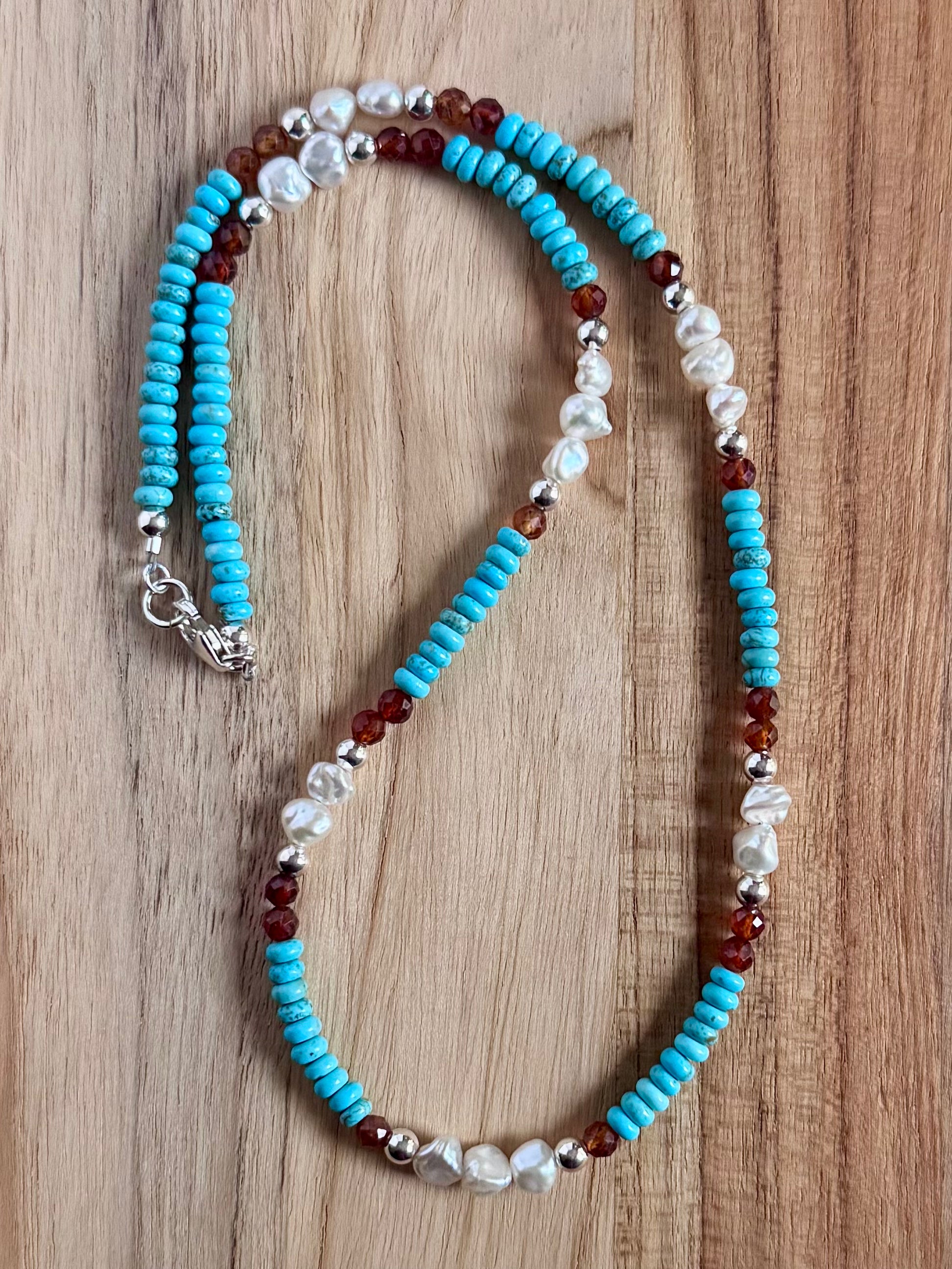 Dainty Nevada Turquoise Beaded Necklace with Orange Garnet and Keshi Pearls