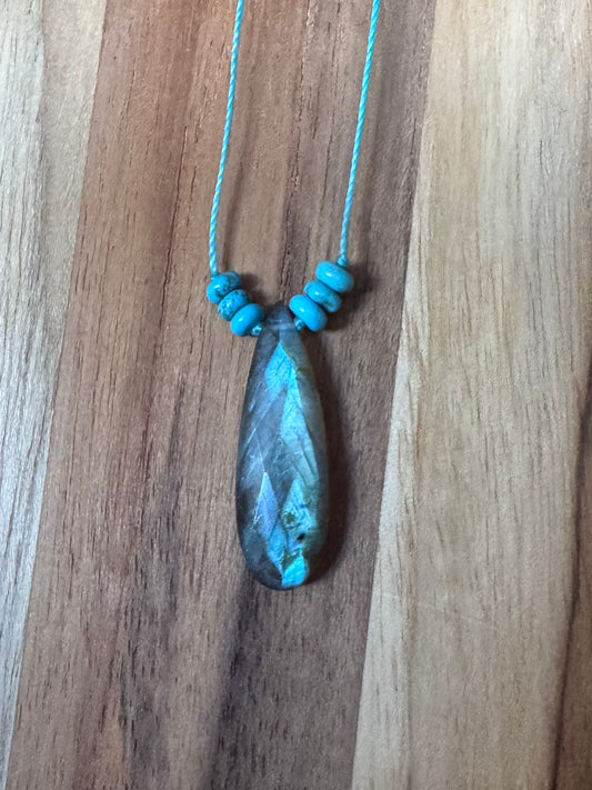 Labradorite and Turquoise Minimalist Floating Pendant Necklace ~ Stainless Steel Clasp