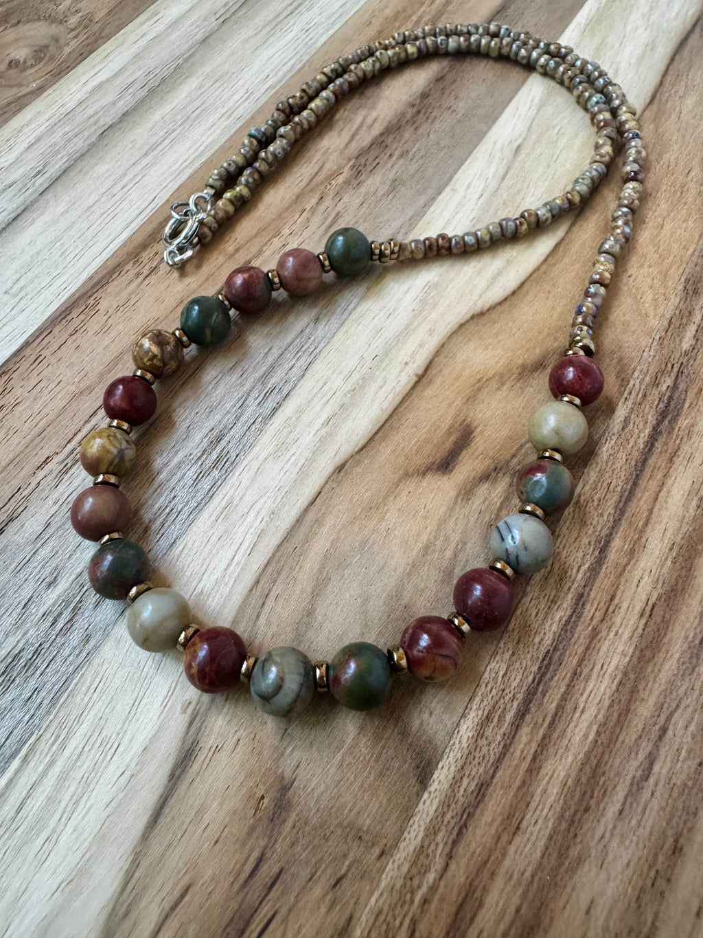 Minimalist Picasso Jasper Beaded Necklace with Seed Beads