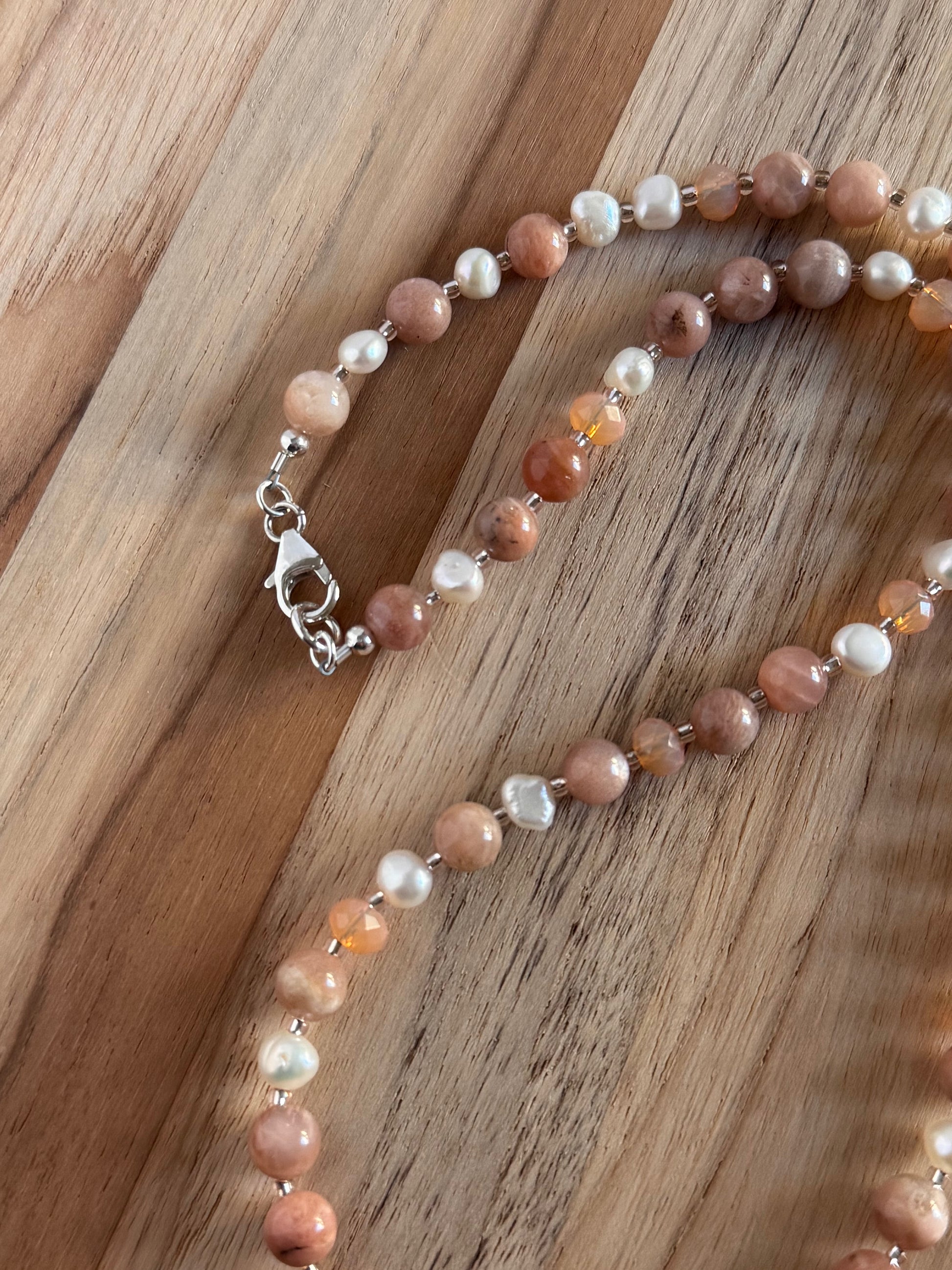 Short Dainty Sunstone and Freshwater pearl Necklace with Crystal Accents ~ Sterling Silver