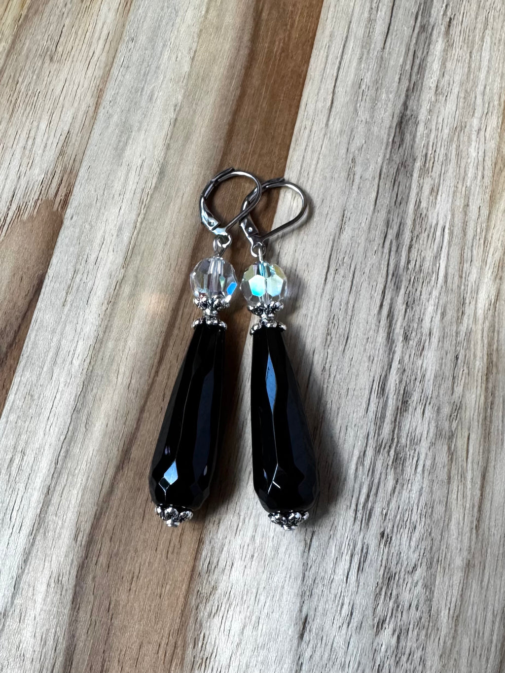 Black Onyx Teardrop Dangle Earrings with Black or Clear Crystal