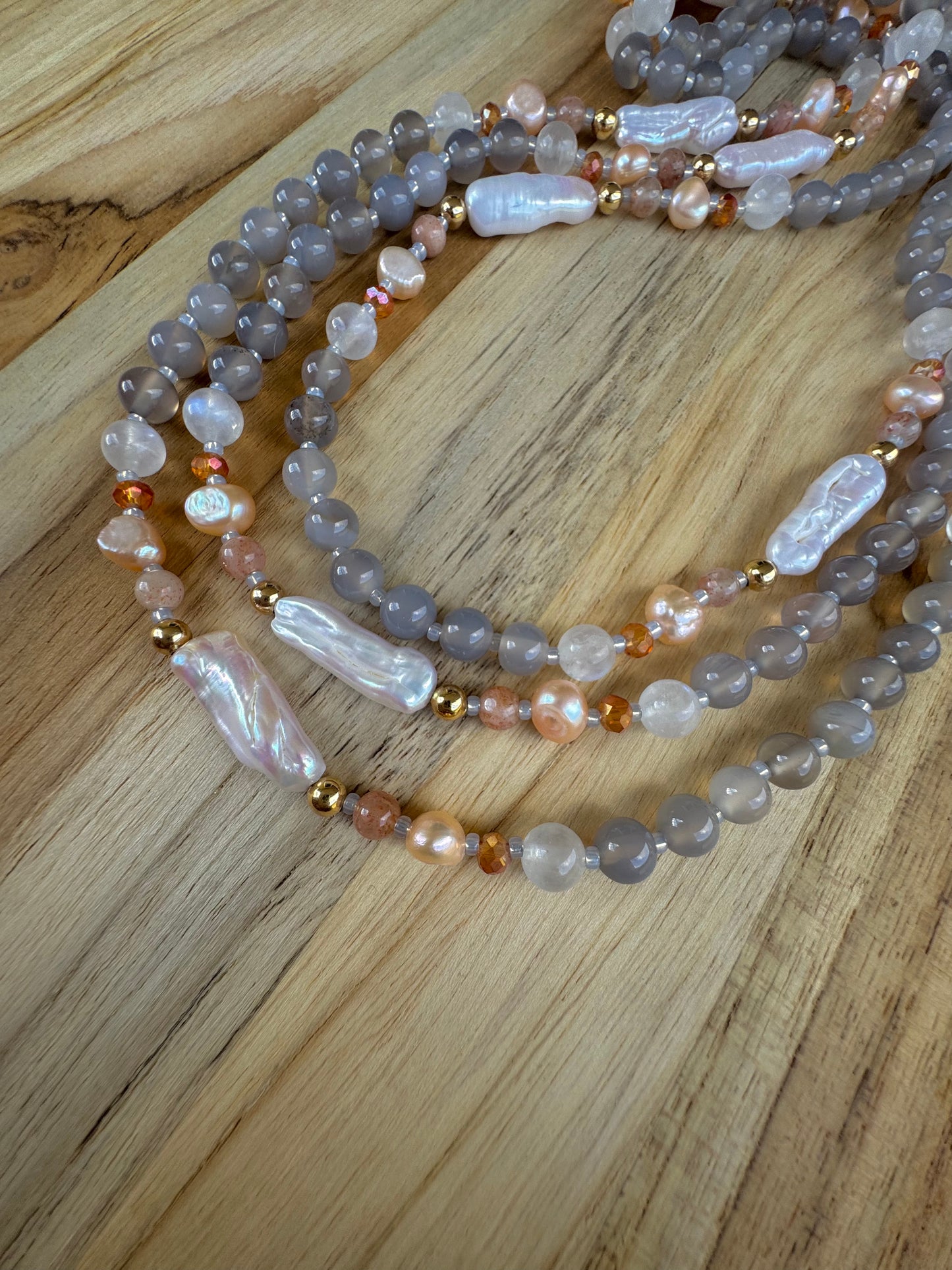 Extra Long 60” Biwa Stick Pearl Beaded Necklace with Grey Agate Moonstone Peach Pearl Peach Strawberry Quartz and Crystal Beads