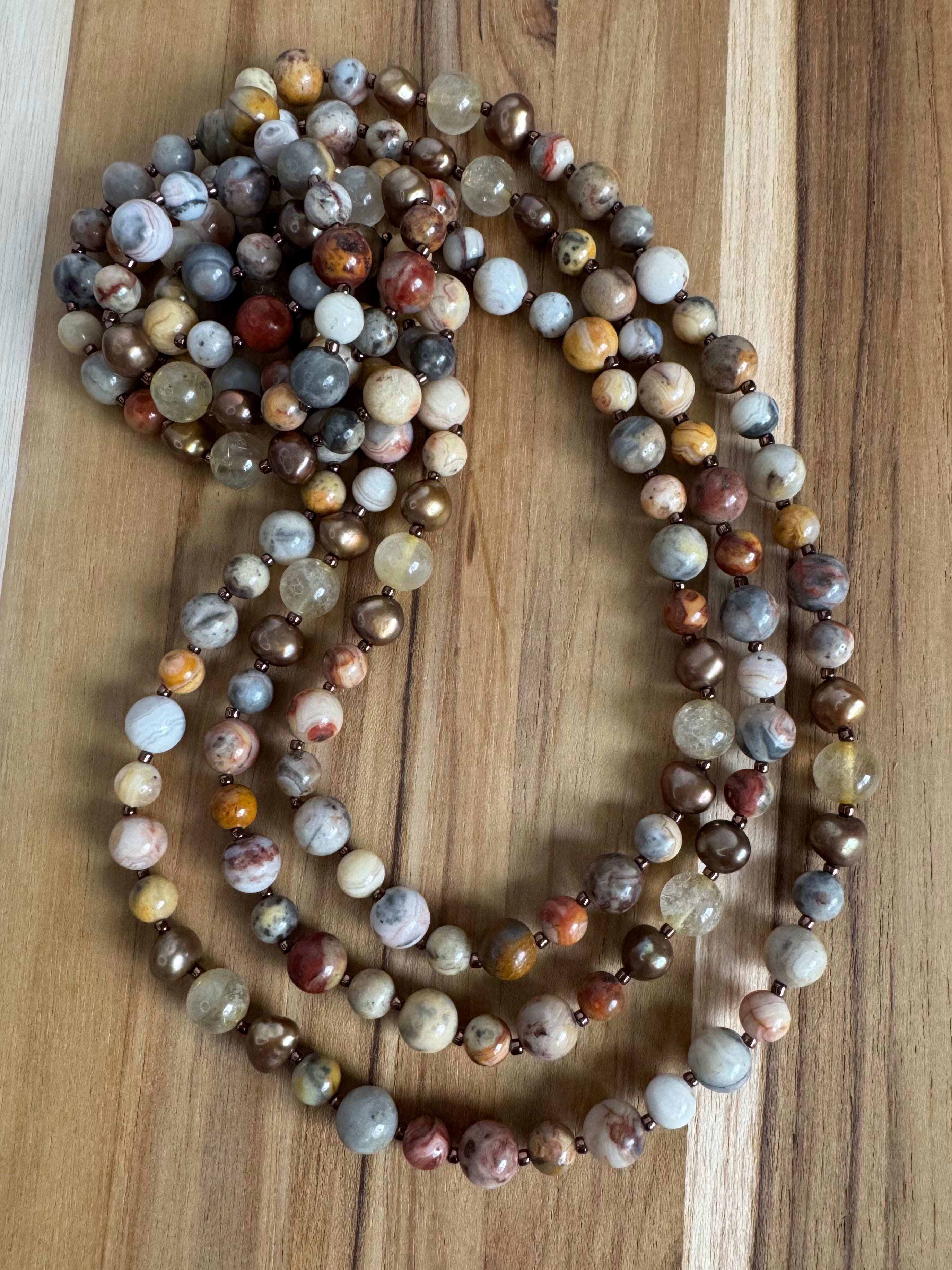 62” Extra Long Wraparound Style Crazy Lace Agate Beaded Necklace with Pearl and Quartz Accents