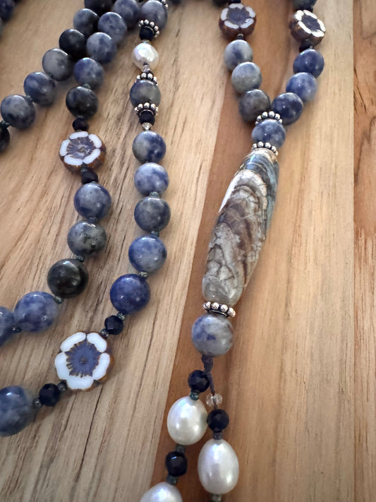 Agate Column Beaded Dangle Boho Necklace with Blue Spot Jasper, Pearls and Glass Beads