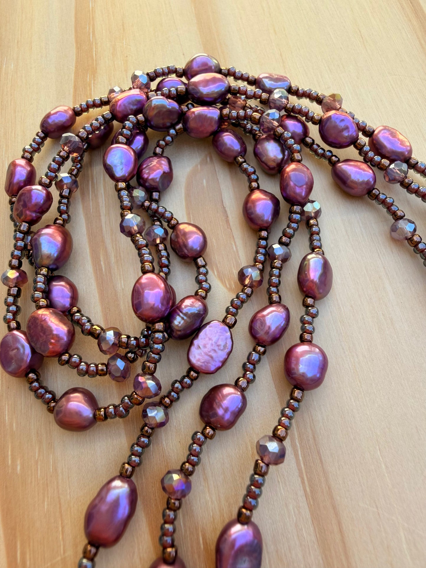 60 Inch Extra Long Wraparound Beaded Necklace with Cranberry freshwater pearls and Crystal Beads
