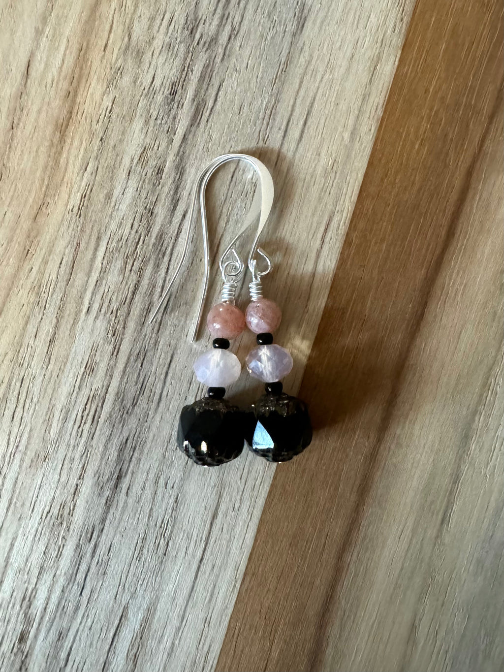 Black Czech Glass Dangle Earrings with Pink Crystal and Peach Strawberry Quartz Beads - My Urban Gems