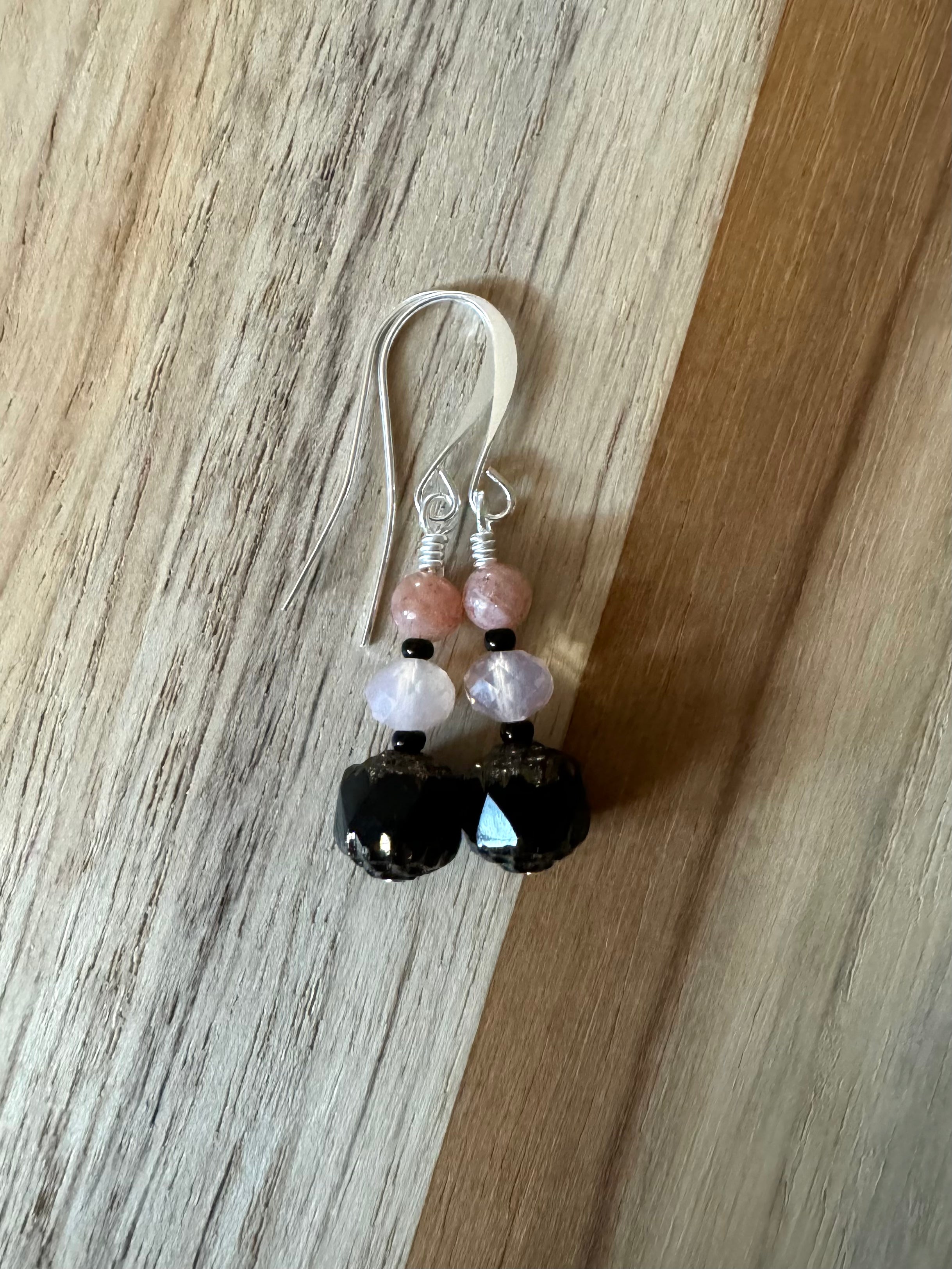 Black Czech Glass Dangle Earrings with Pink Crystal and Peach Strawberry Quartz Beads - My Urban Gems