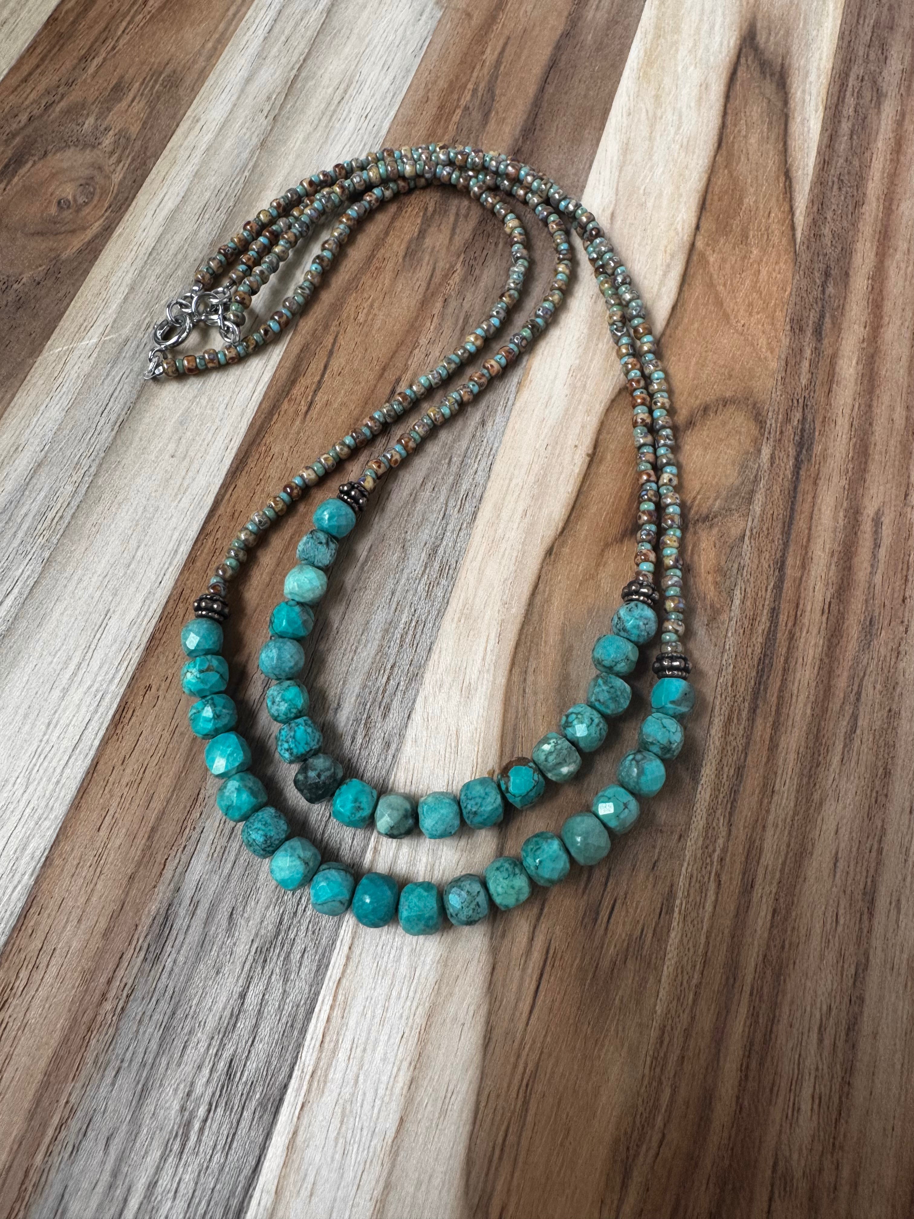 Dainty Turquoise Cube Beaded Necklace with Copper and Seed Beads