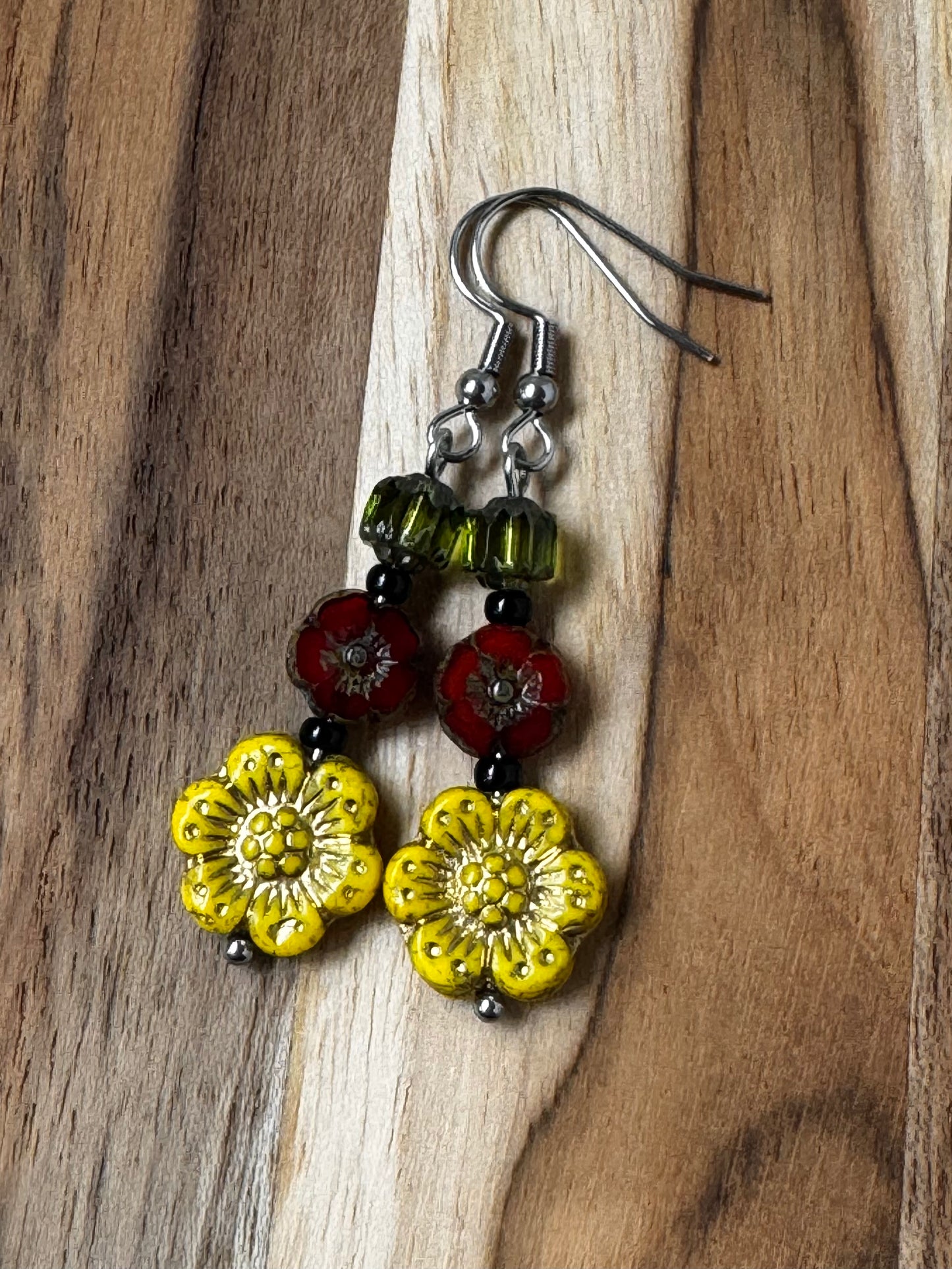 Czech Glass Floral Dangle Earrings in Yellow Red and Green ~ Stainless Steel