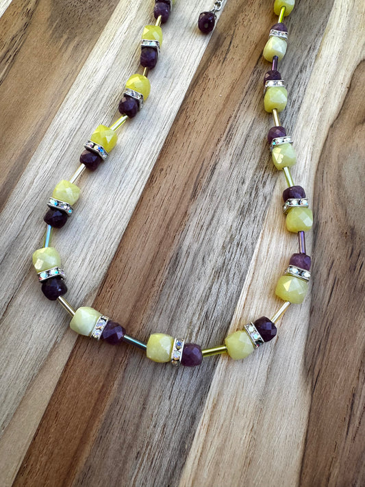 16” Lemon Jade and Purple Garnet Cube Style Necklace with Crystal Rondelles ~ Stainless steel