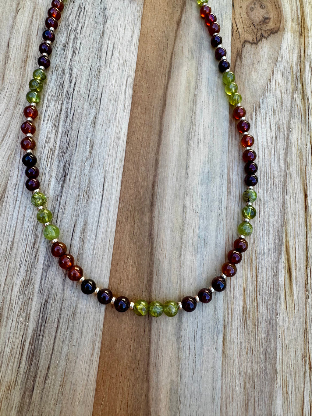 Dainty 16” Red Garnet Orange Hessonite Garnet and Green Peridot Beaded Necklace ~ Stainless steel