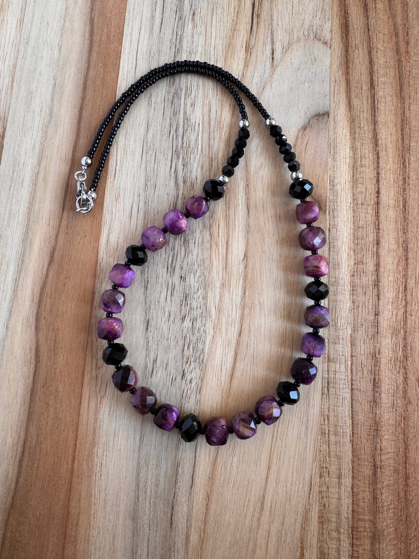 Gorgeous Short Purple Tigereye Cube Necklace with Black Crystal Beads