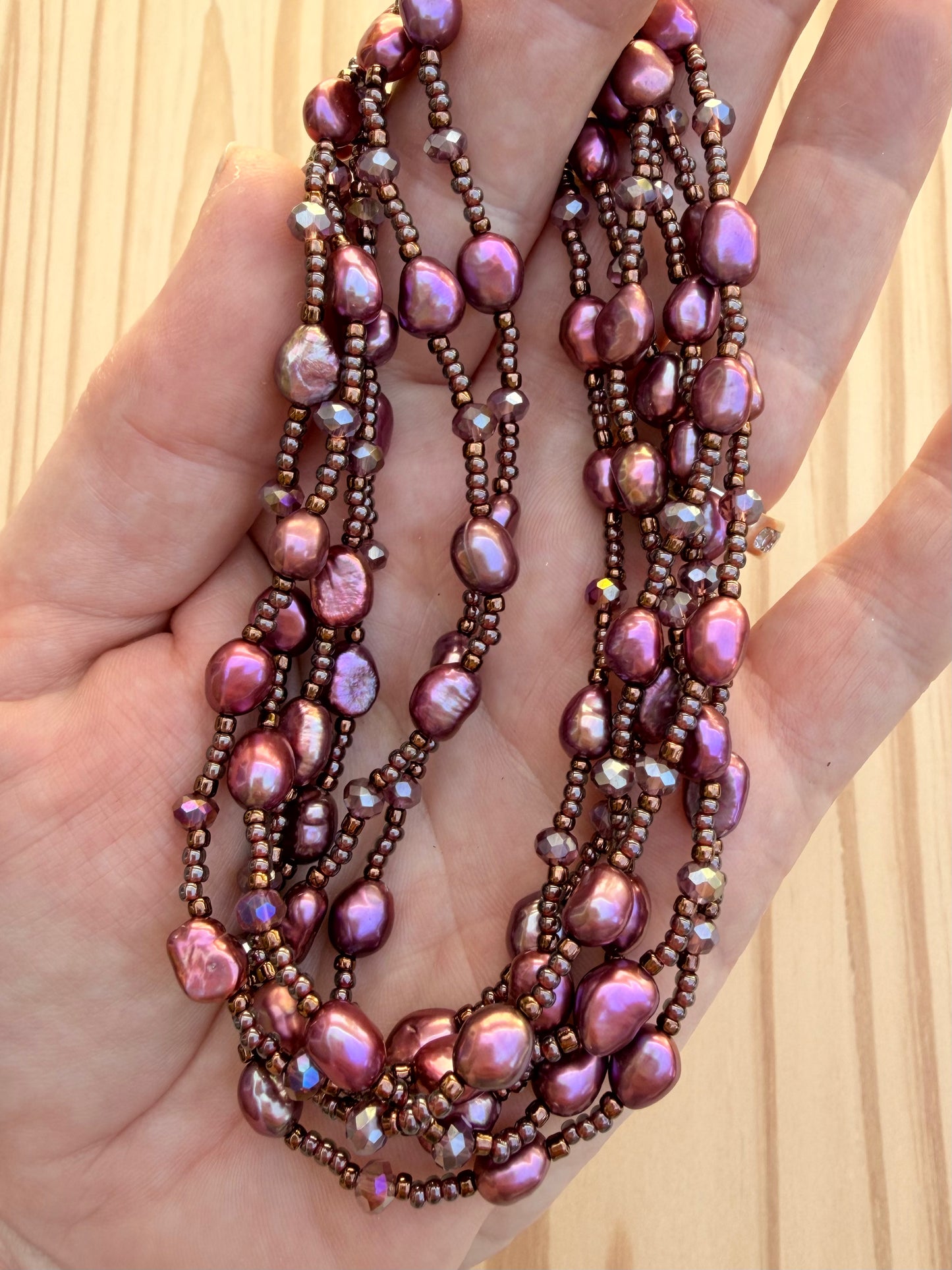 60 Inch Extra Long Wraparound Beaded Necklace with Cranberry freshwater pearls and Crystal Beads