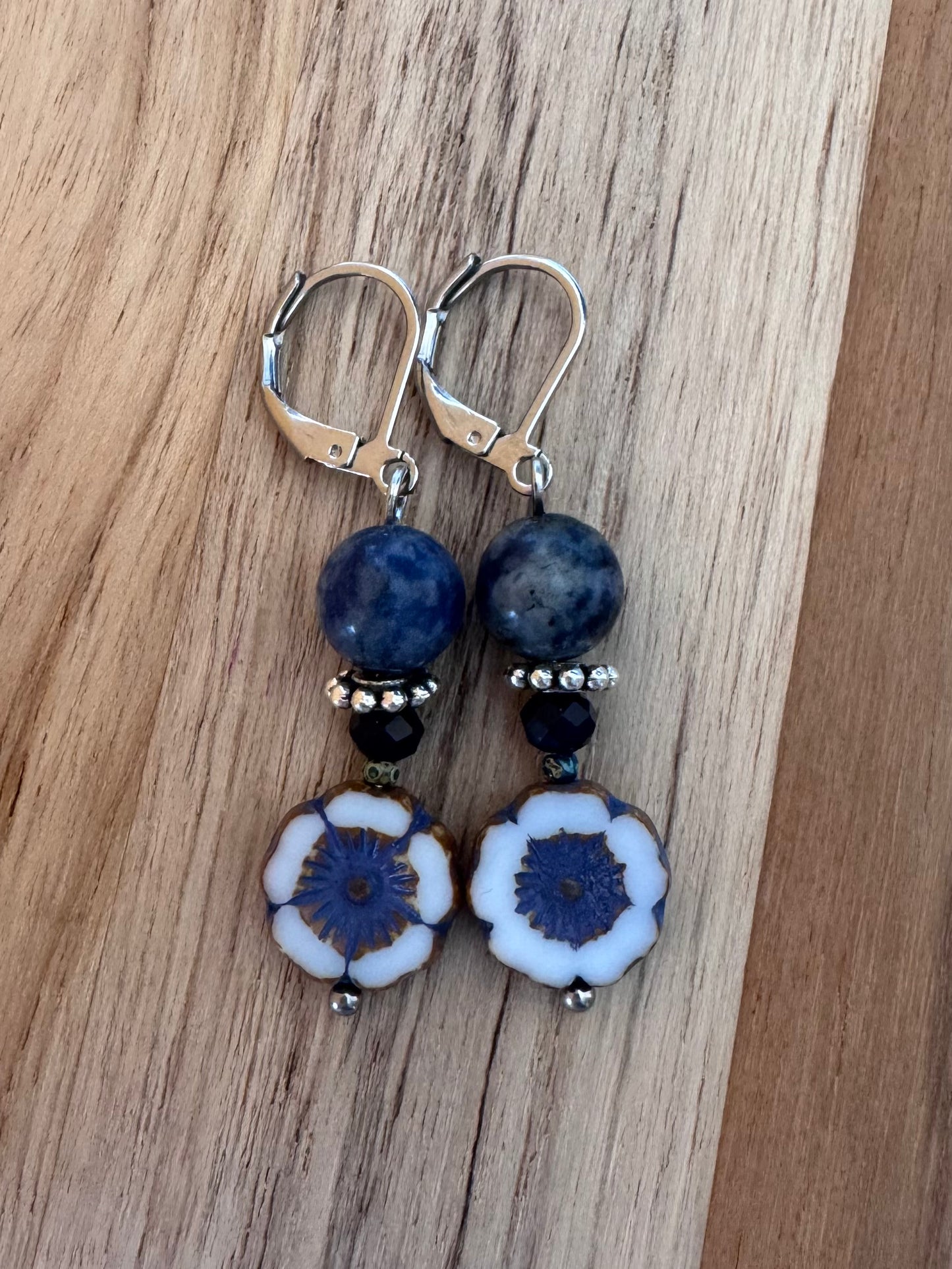 Boho Blue Spot Jasper Dangle Earrings with Czech Glass Flower ~ Stainless Steel