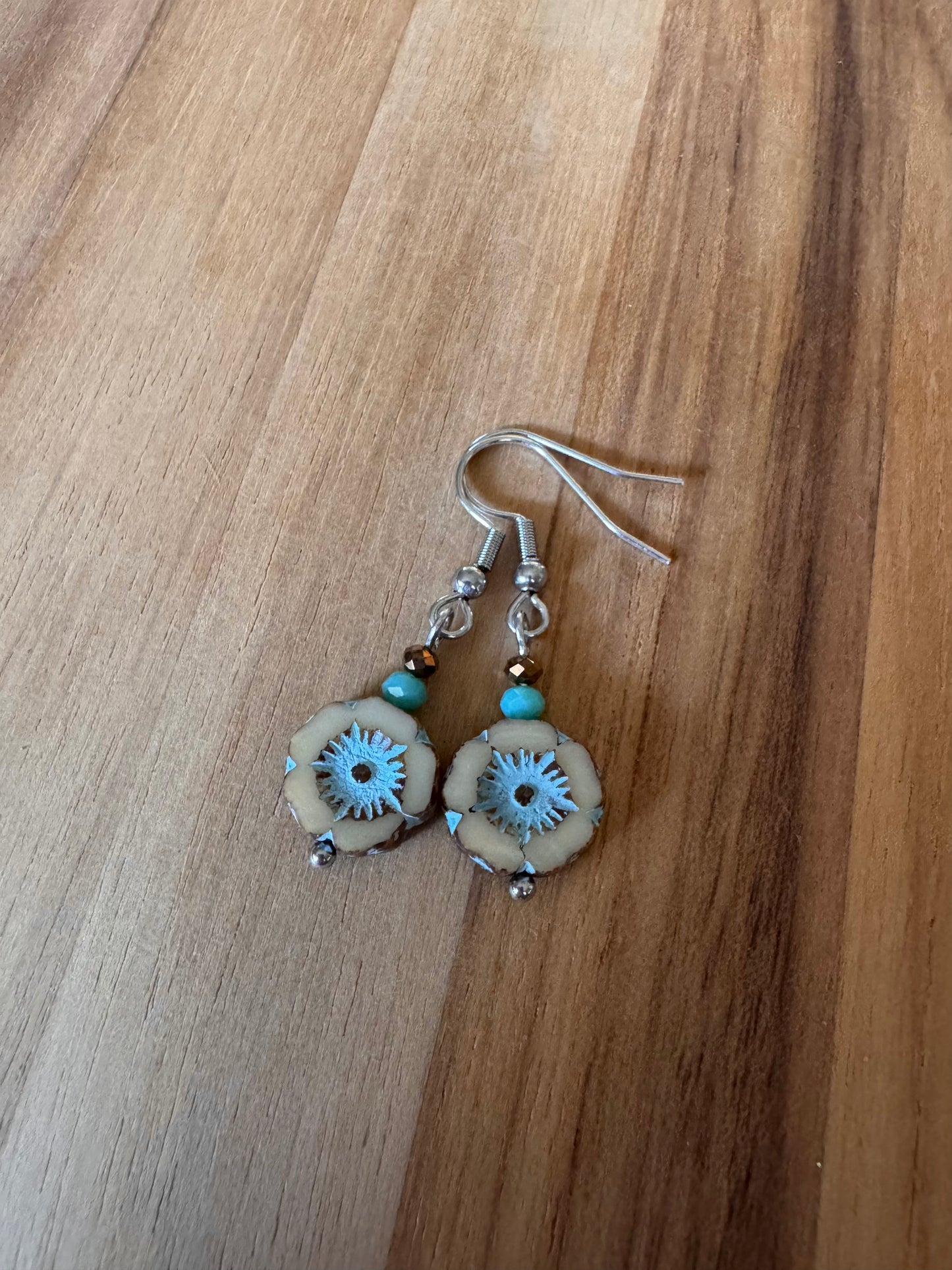 Dainty Boho Czech Glass Dangle Earrings in Turquoise and Tan with Crystal Beads