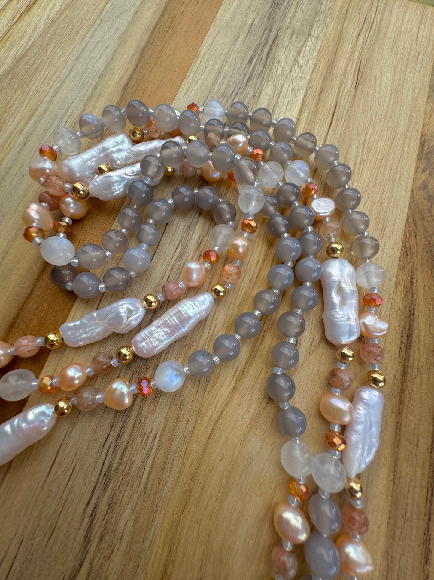 Extra Long 60” Biwa Stick Pearl Beaded Necklace with Grey Agate Moonstone Peach Pearl Peach Strawberry Quartz and Crystal Beads