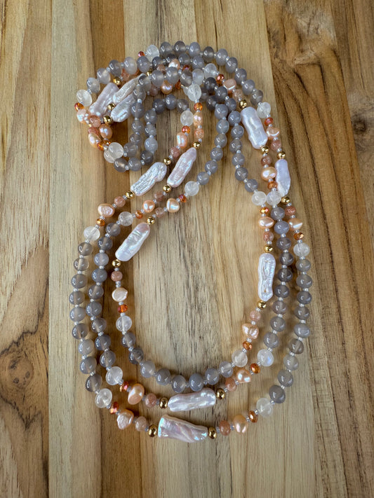 60” Extra Long Wraparound Style Biwa Stick Pearl Beaded Necklace with Grey Agate Moonstone Peach Pearl Peach Strawberry Quartz and Crystal Beads