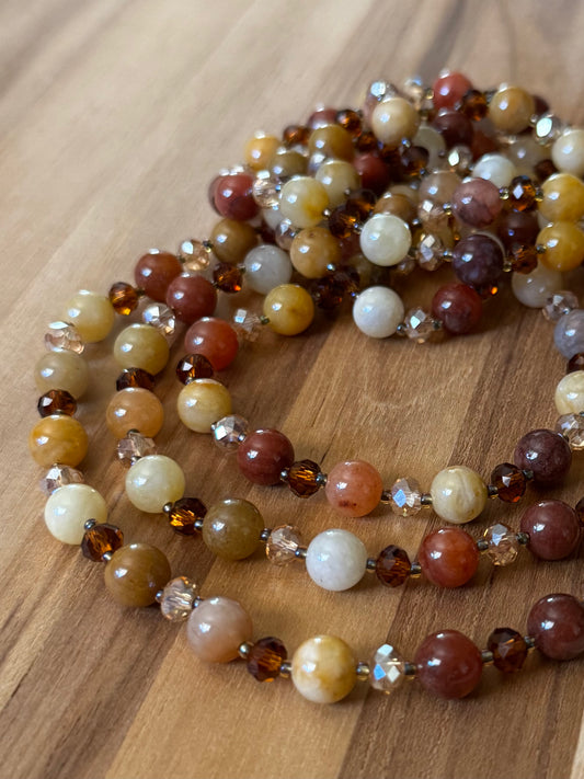 Extra Long Golden Jade and Crystal Wraparound Style Necklace