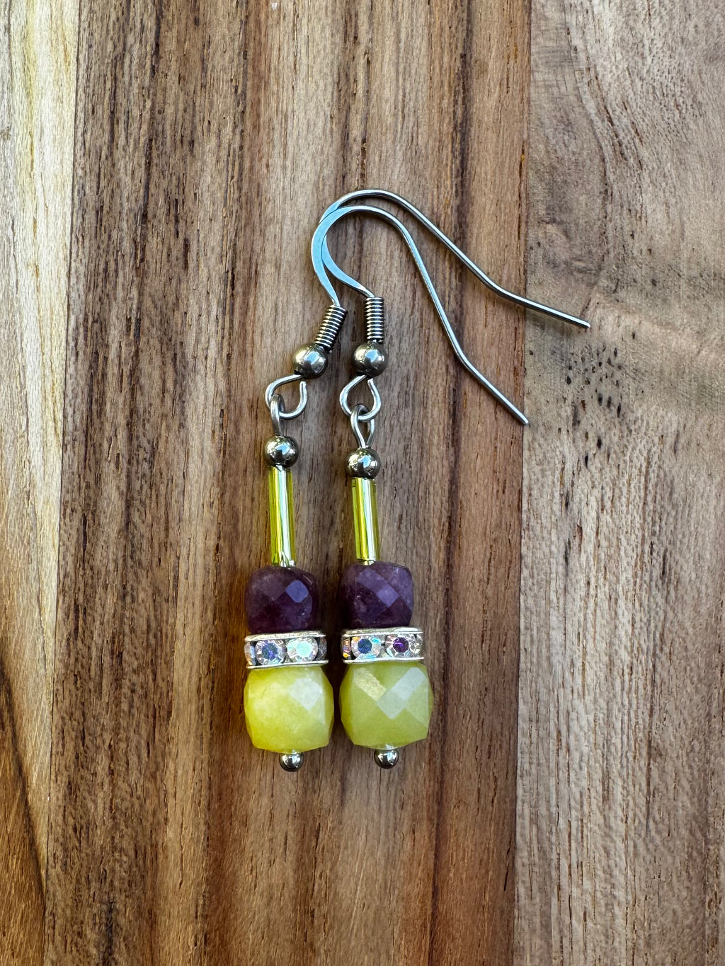 Lemon Jade and Purple Garnet Dangle earrings ~ Stainless Steel