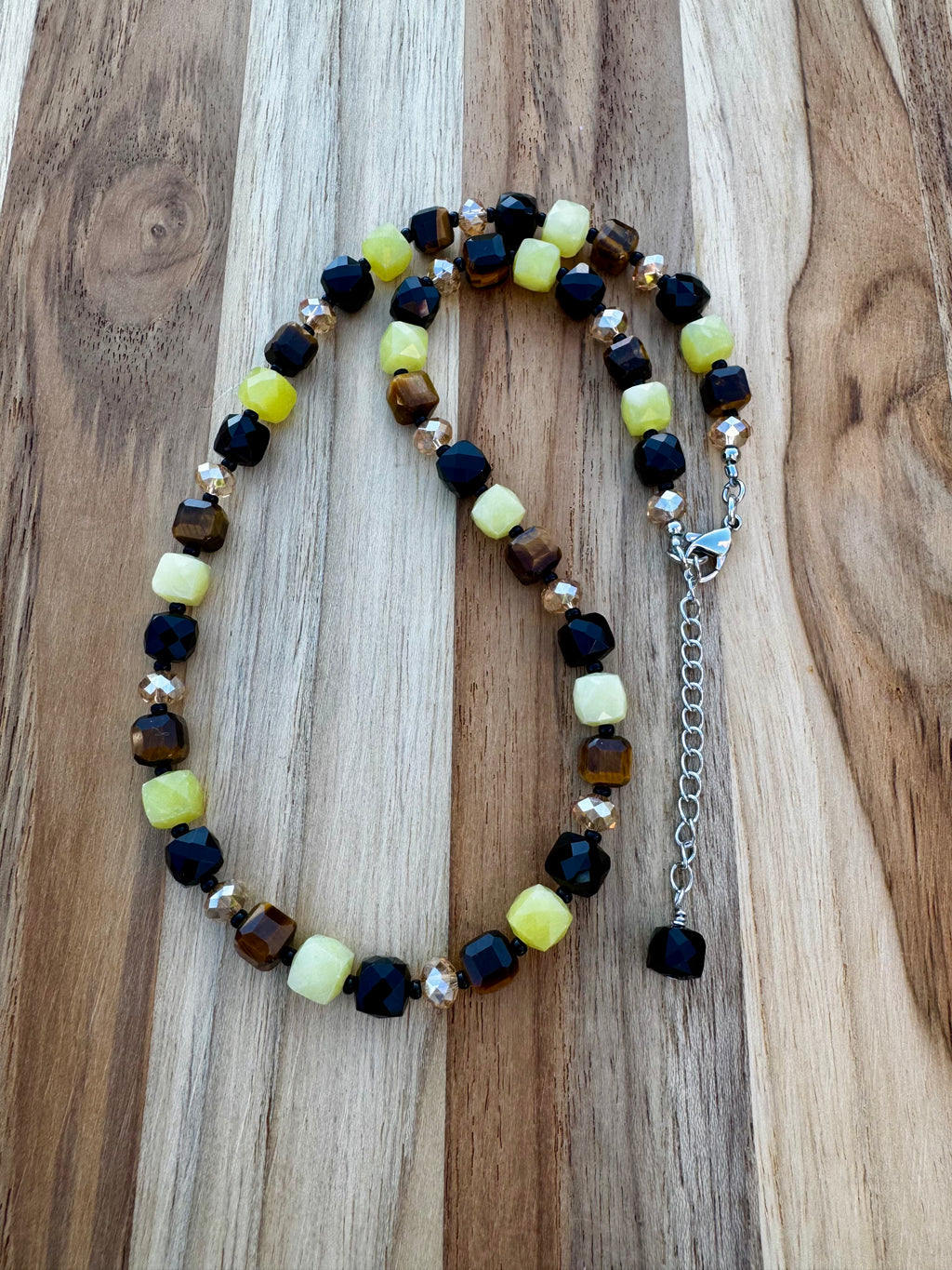 Lemon Jade Tigereye Black Obsidian and Crystal Beads ~ Stainless Steel