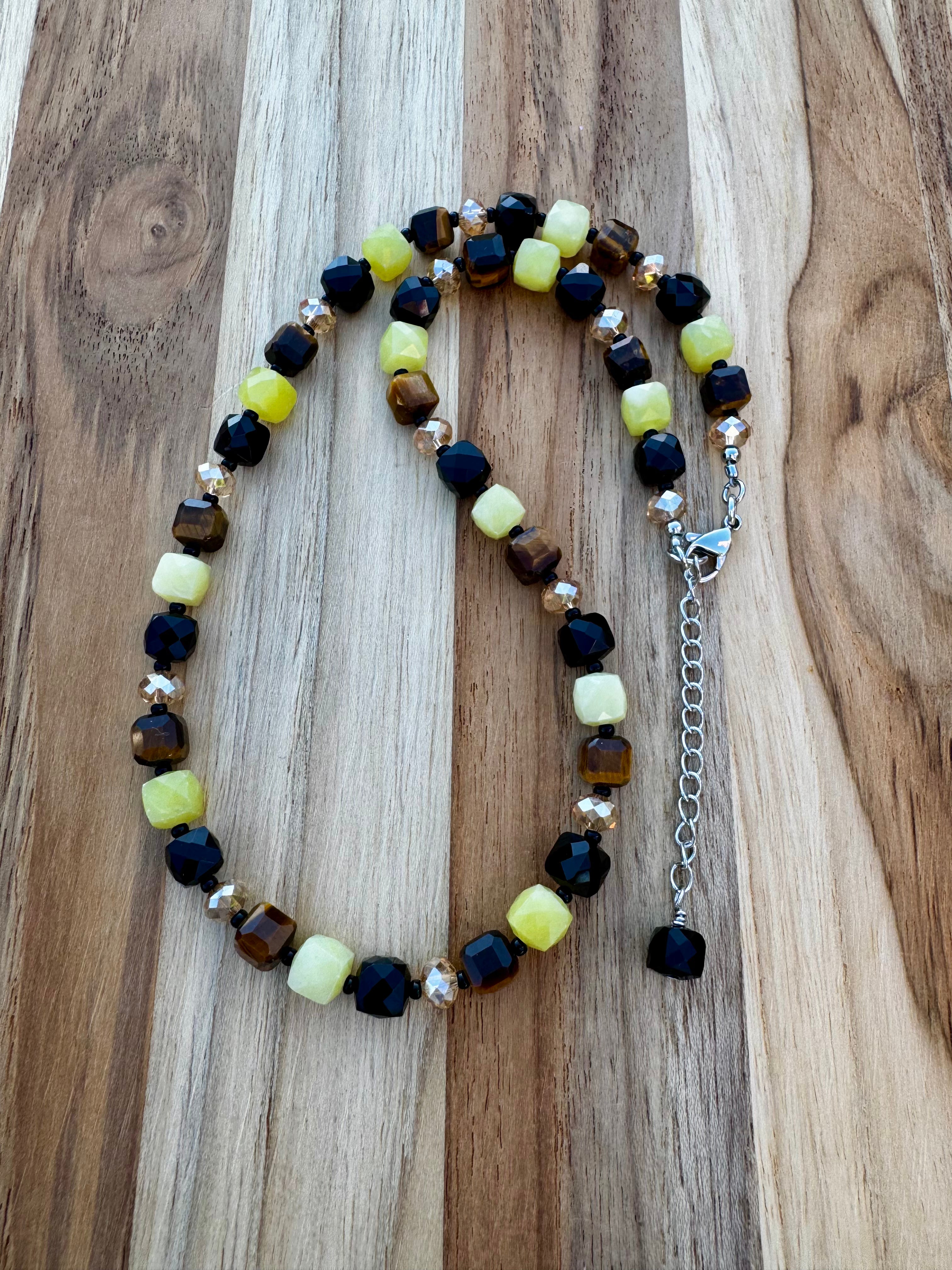 Lemon Jade Tigereye Black Obsidian and Crystal Beads ~ Stainless Steel