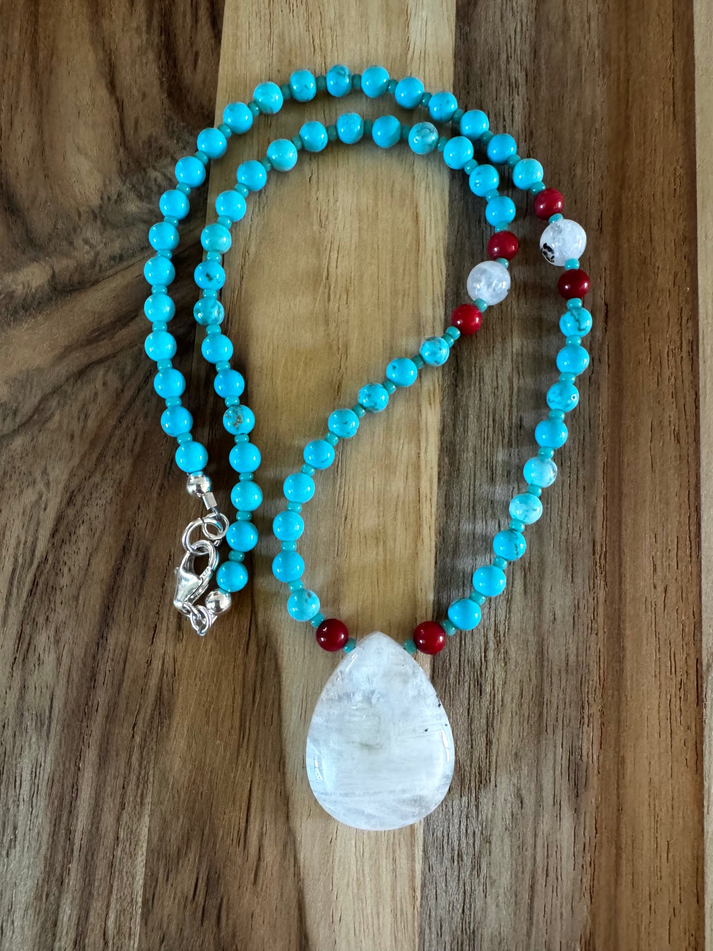 Dainty Moonstone Pendant Necklace with Turquoise and Coral Beads ~ Sterling Silver