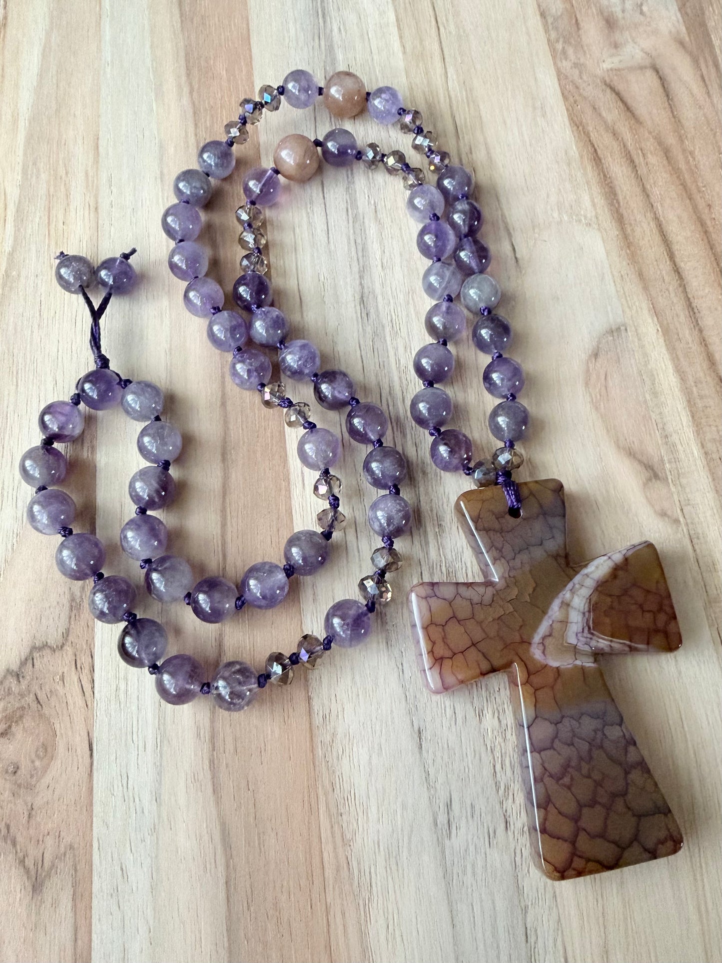 26 Inch Agate Cross Beaded Necklace with Purple Amethyst Beads