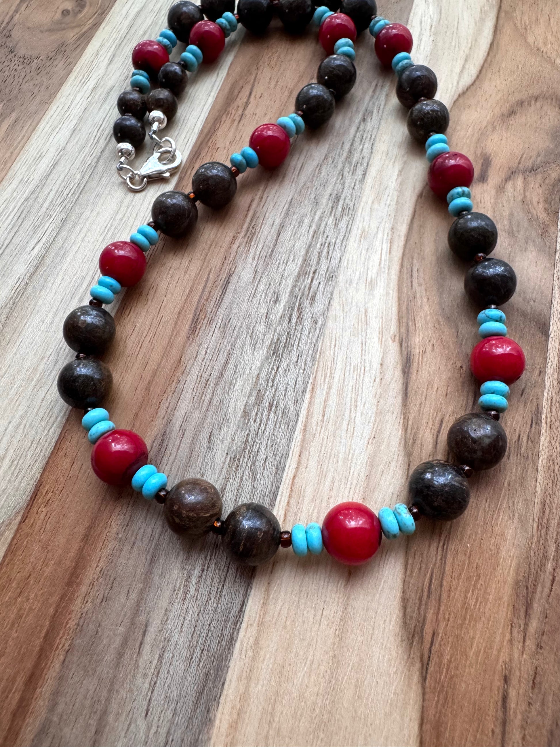 18” Long Bronzite Beaded Necklace with Red Coral and Nevada Turquoise Beads ~ Sterling Silver