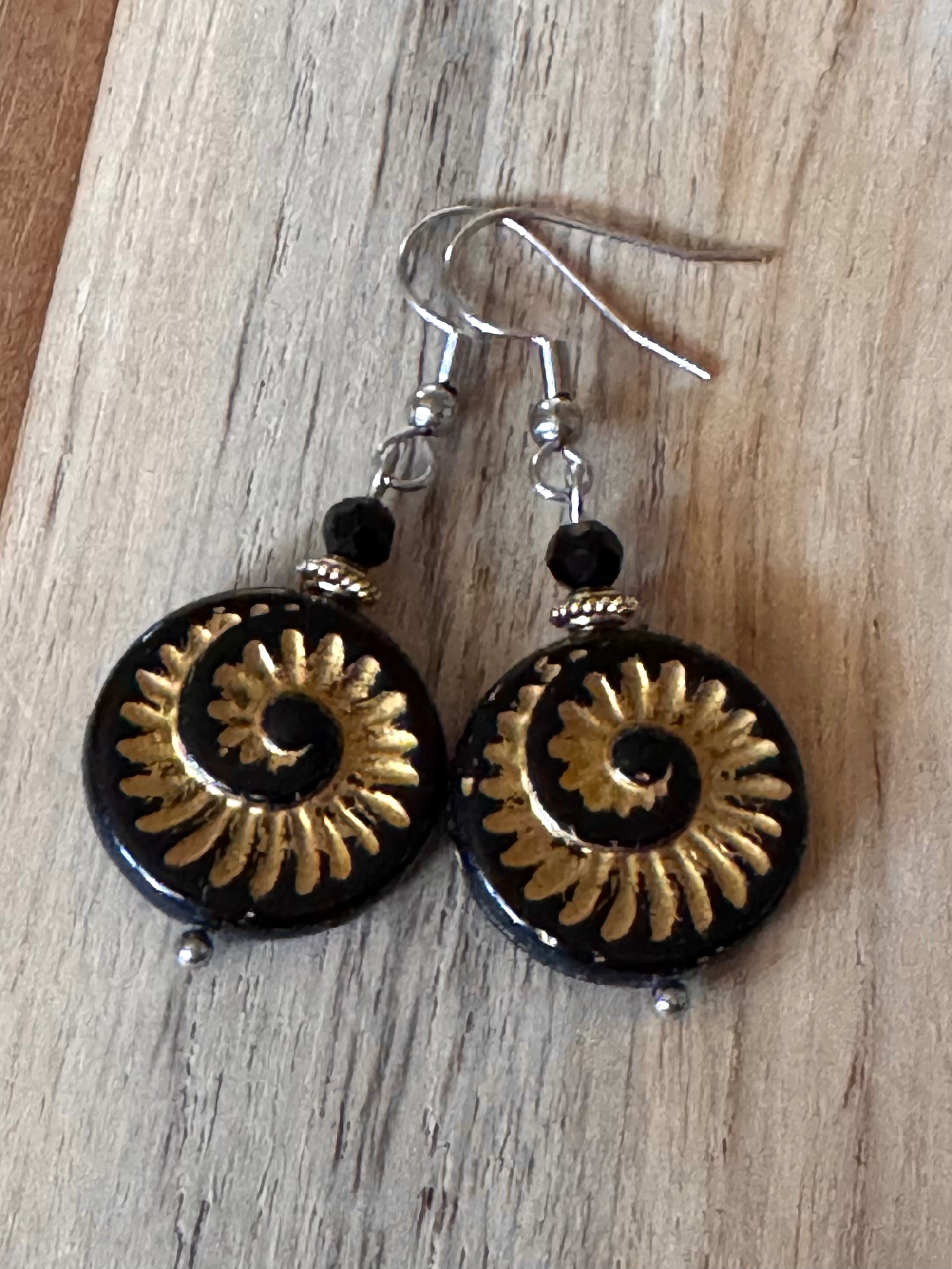 Black and Gold Color Czech Glass Dangle Earrings with Crystal Accent