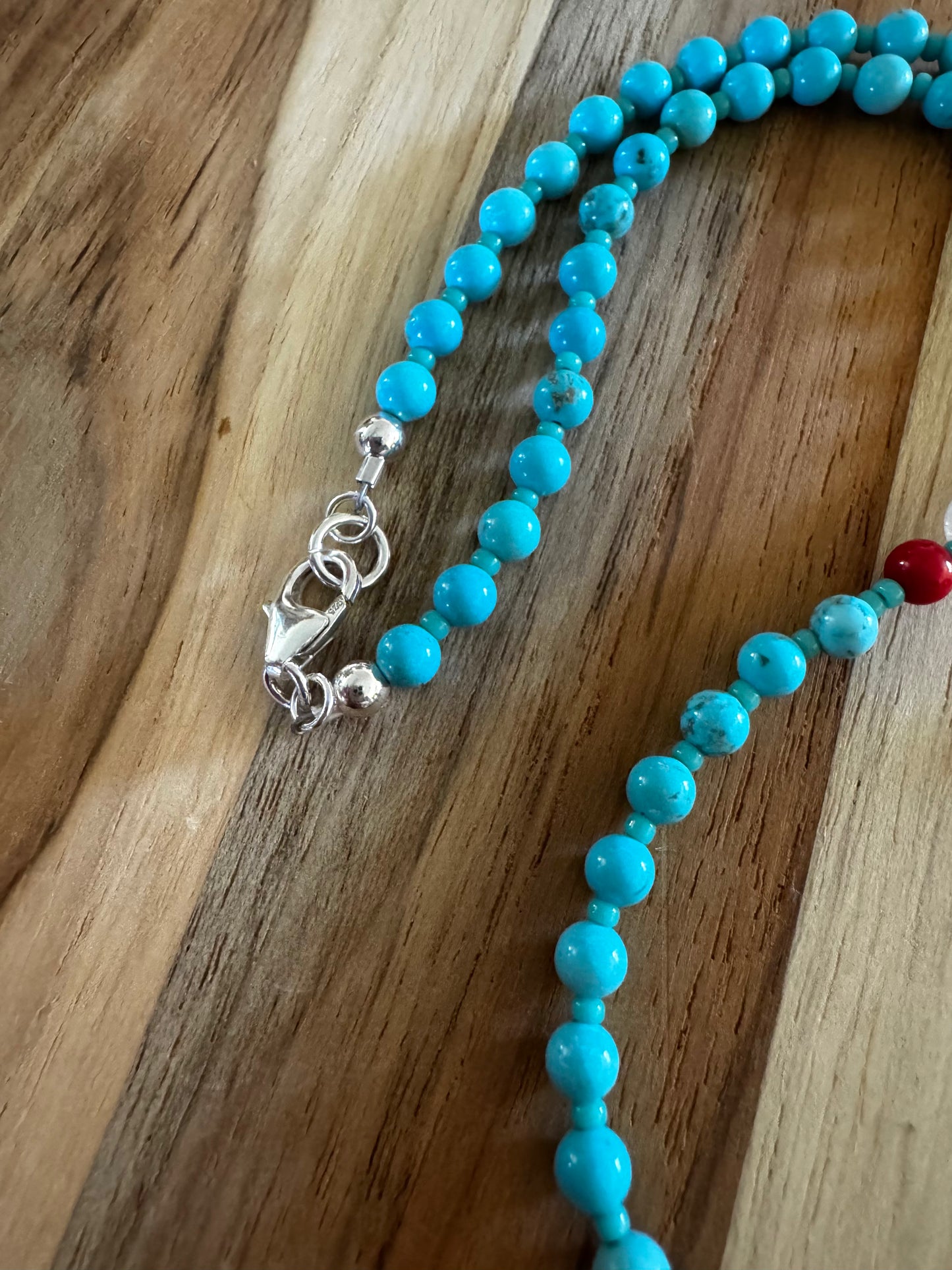 Dainty Moonstone Pendant Necklace with Turquoise and Coral Beads ~ Sterling Silver