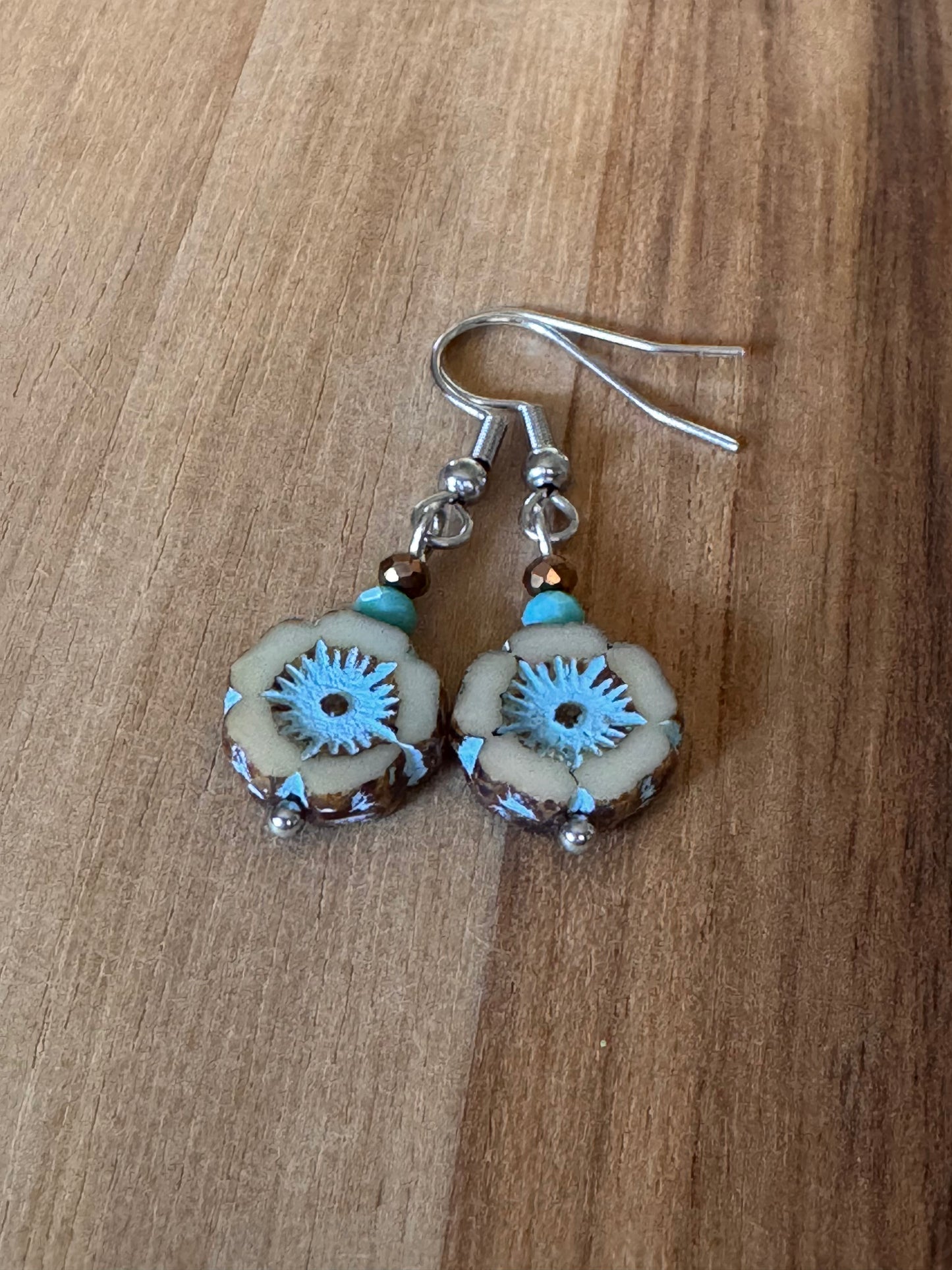 Dainty Boho Czech Glass Dangle Earrings in Turquoise and Tan with Crystal Beads