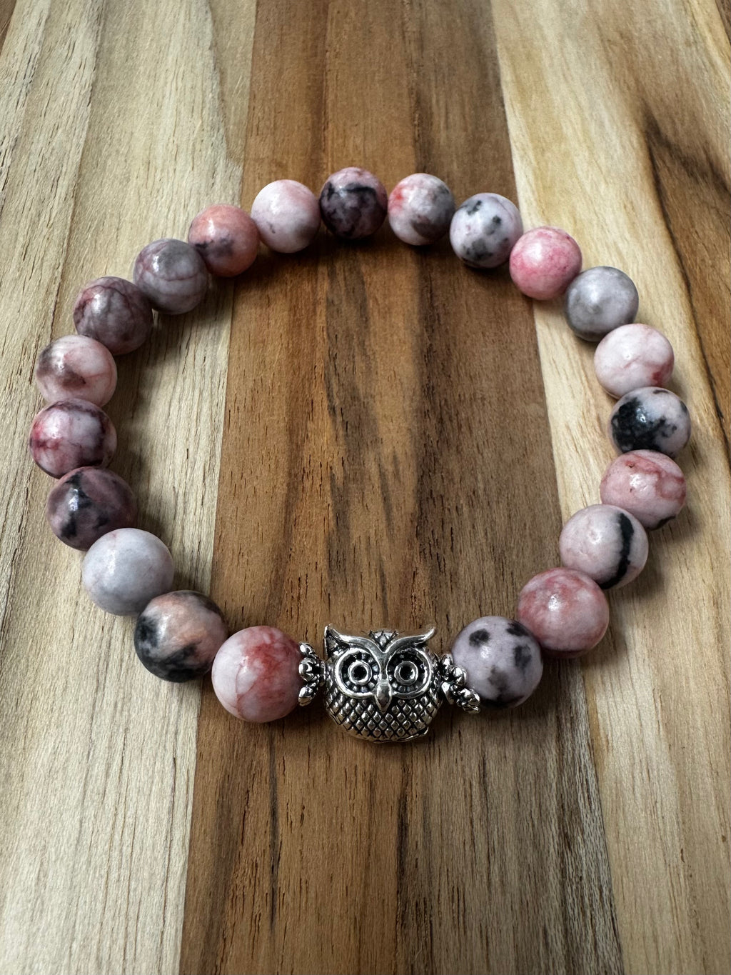 Owl Stretch Bracelet with Pink Zebra Jasper Beads ~ 7” 8mm beads