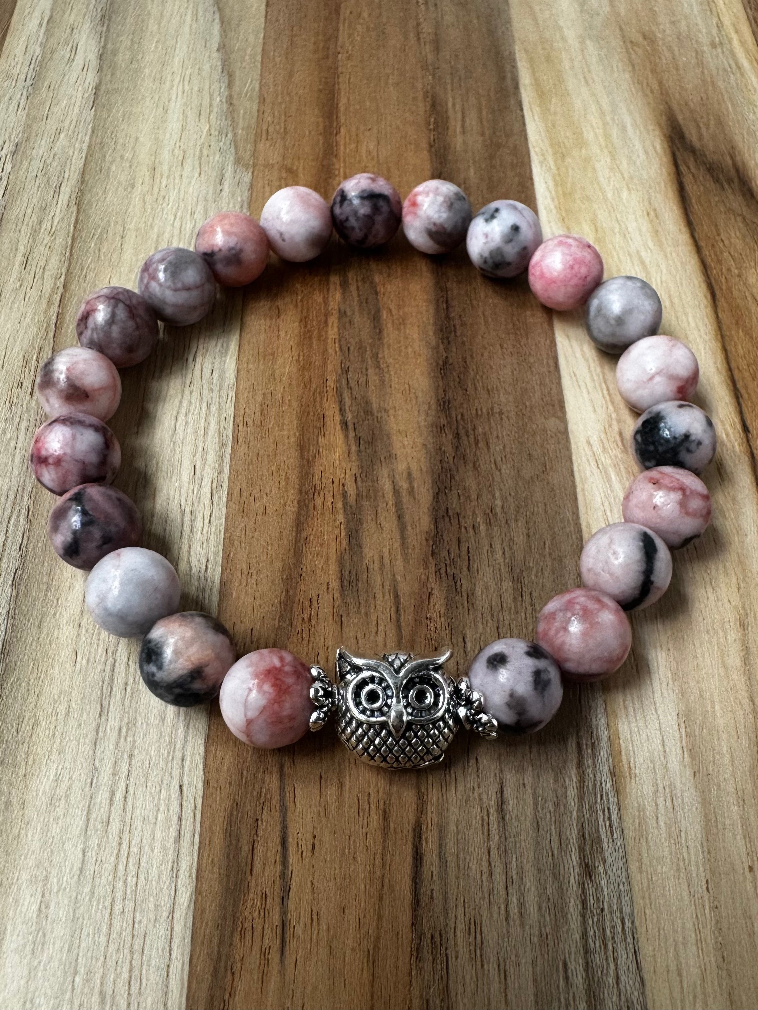 Owl Stretch Bracelet with Pink Zebra Jasper Beads ~ 7” 8mm beads