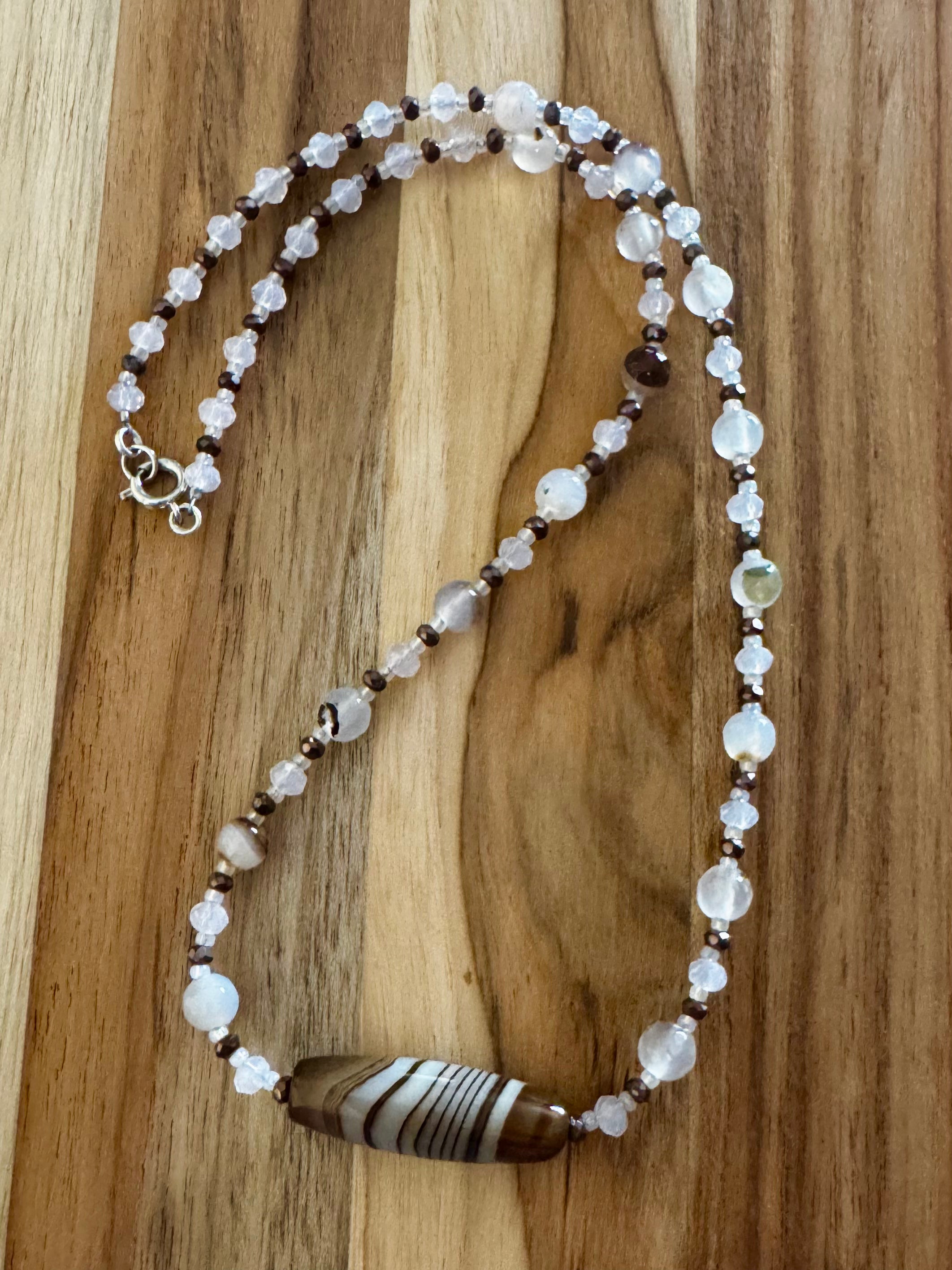 Agate Column Bead Necklace in Brown and White Shades 
Metal clasp