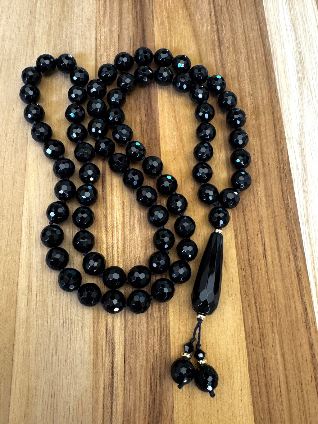Long Multi-faceted Individually Hand Knotted Black Onyx Necklace
