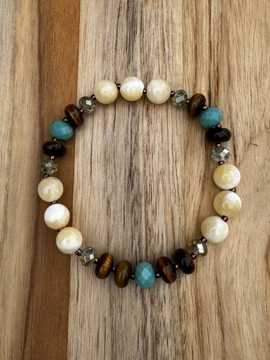 Yellow Jade, Tigereye and Crystal Beaded Stretch Bracelet ~ 7”