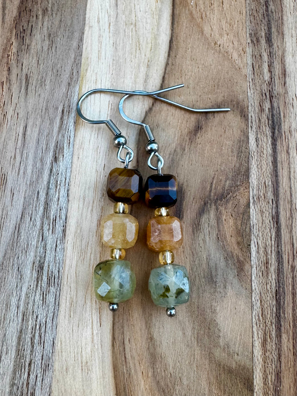 Dangle Gemstone Earrings with Prehnite Yellow Jade and Tigereye Faceted Cubes ~ Stainless Steel