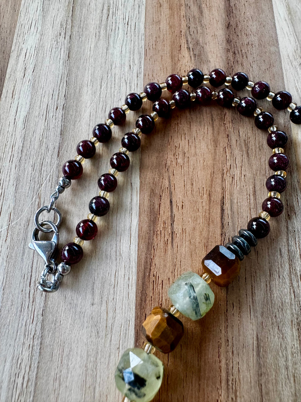 Short Layering 16” Necklace with Prehnite Yellow Jade Tigereye and Garnet Beads