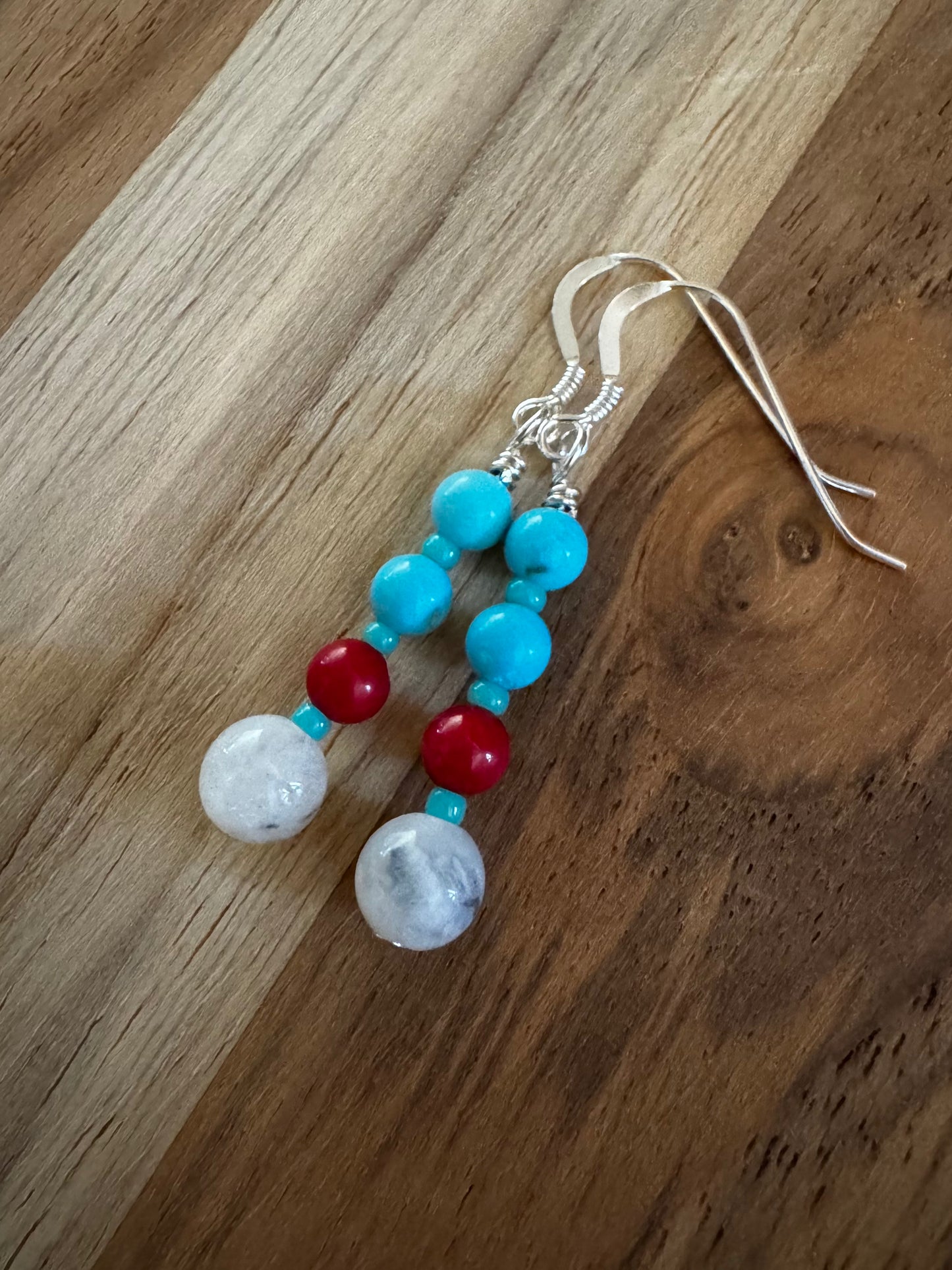 Dainty Moonstone Dangle Earrings with Red Coral and Turquoise Beads