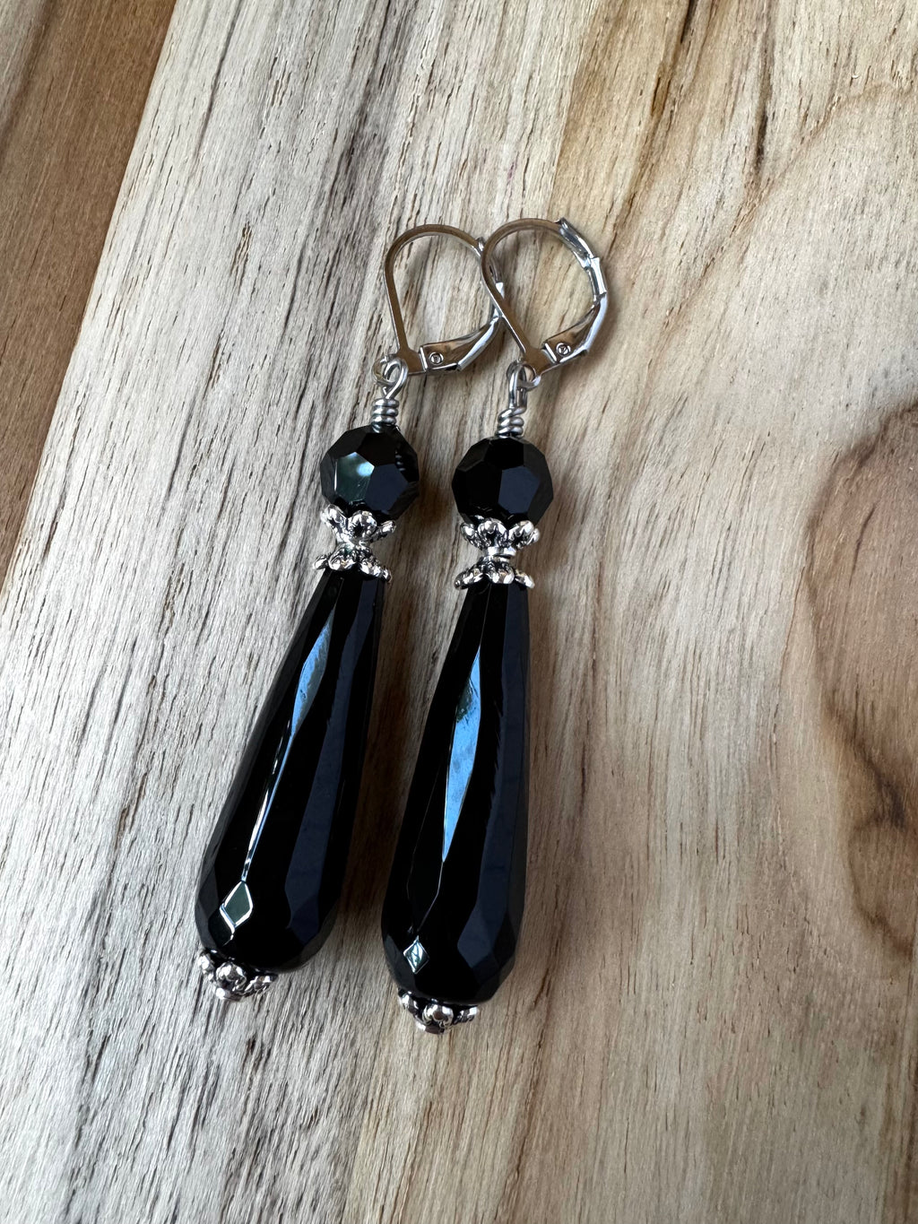 Black Onyx Teardrop Dangle Earrings with Black or Clear Crystal
